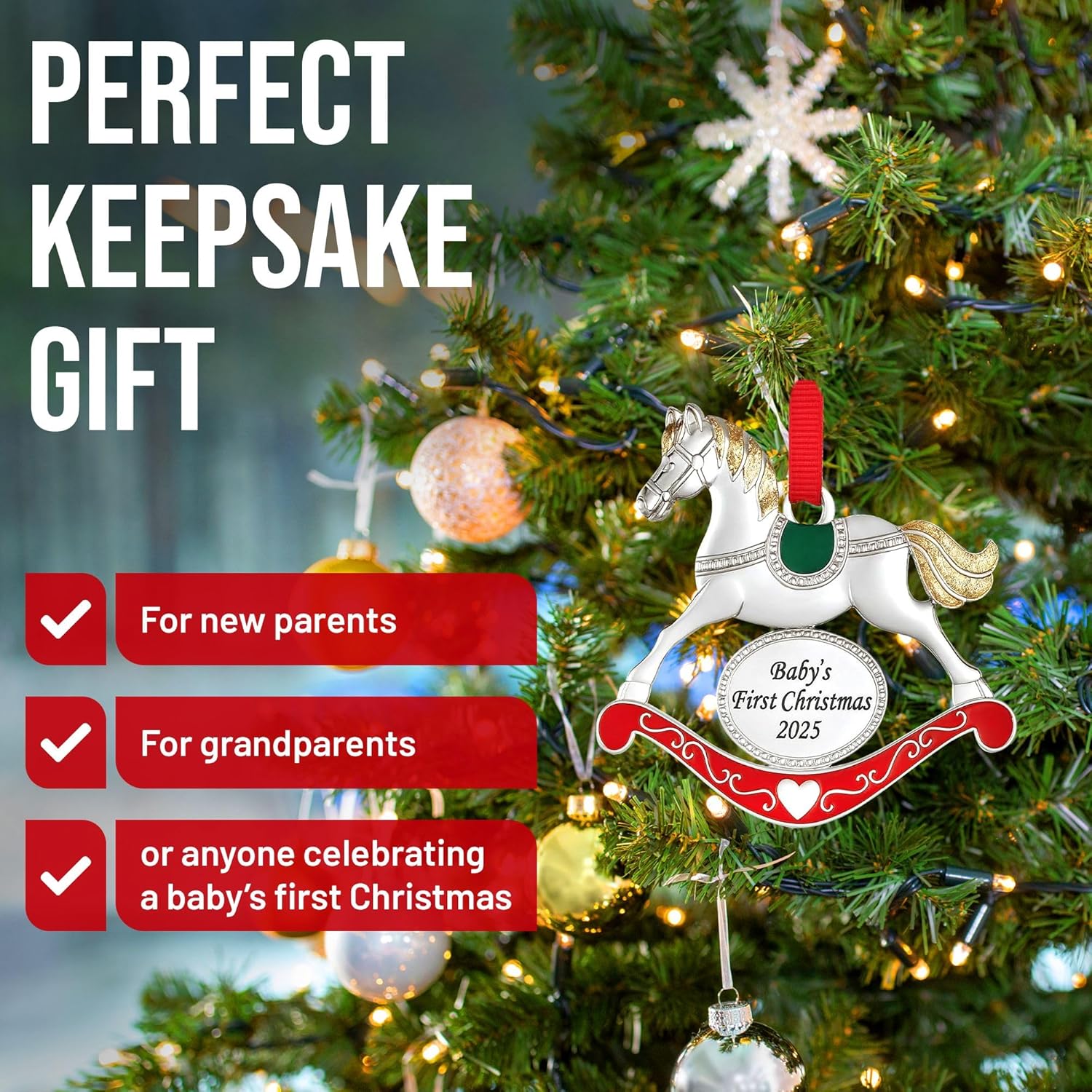 Baby’s First Christmas 2025 Ornament – Silver Rocking Horse with Red and Green Accents, Metal Keepsake Holiday Decoration, New Baby Gift - Image 2