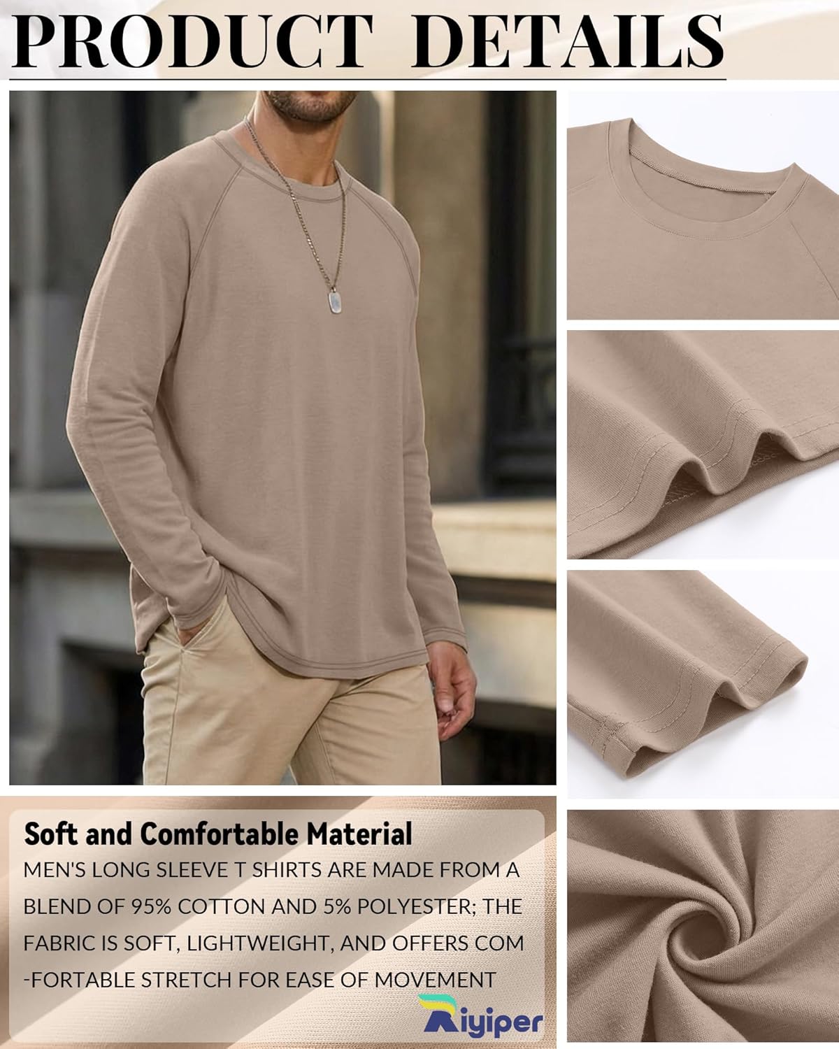 Riyiper 5 Pack Mens Big and Tall Shirts Cotton Long Raglan Sleeve Top Casual Basic Shirt Crewneck Oversized Multipack Tee