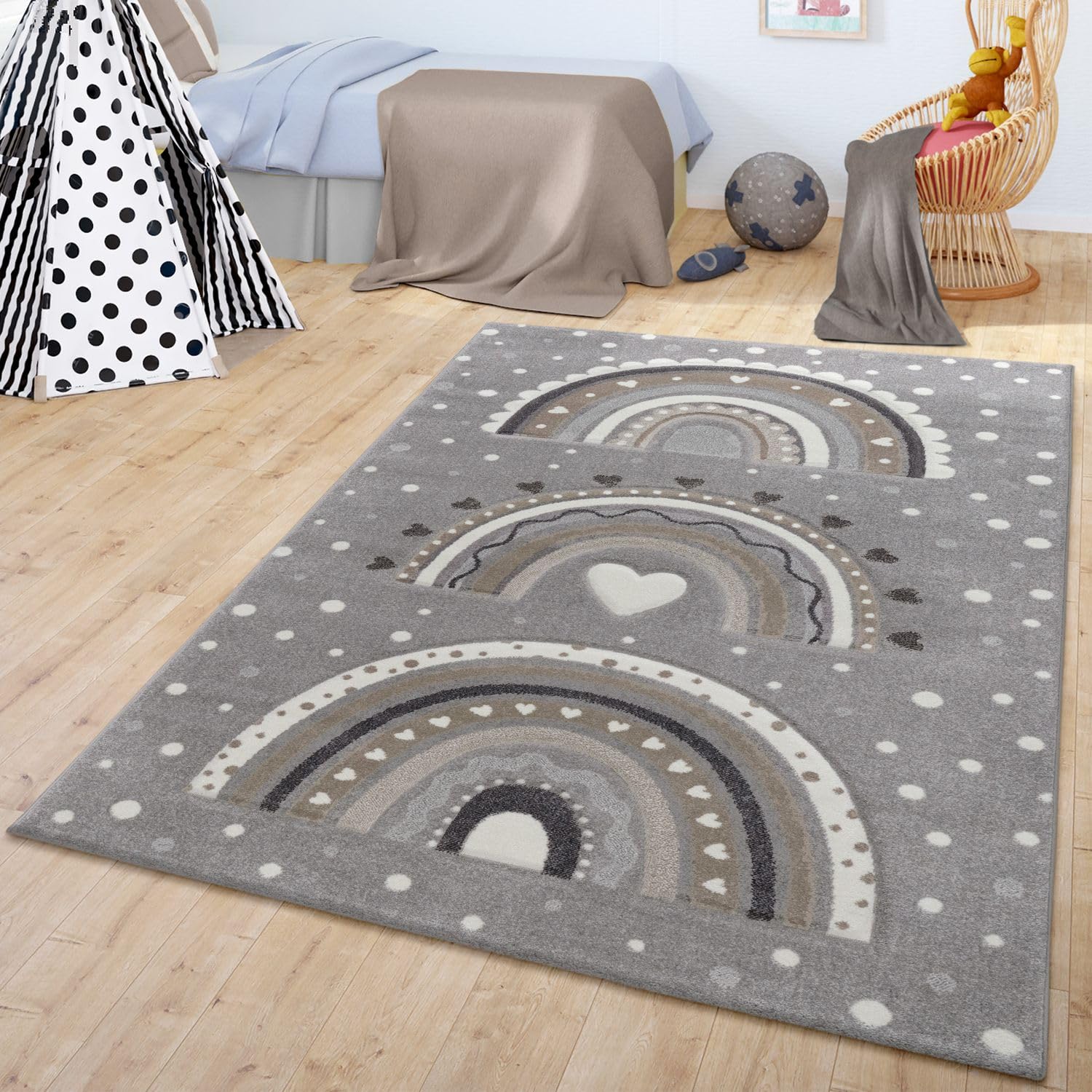 TT Home Alfombra Habitación Infantil Lunares Arco Iris Corazón Pelo Corto, Color:GrisCrema, Tamaño:120x170 cm