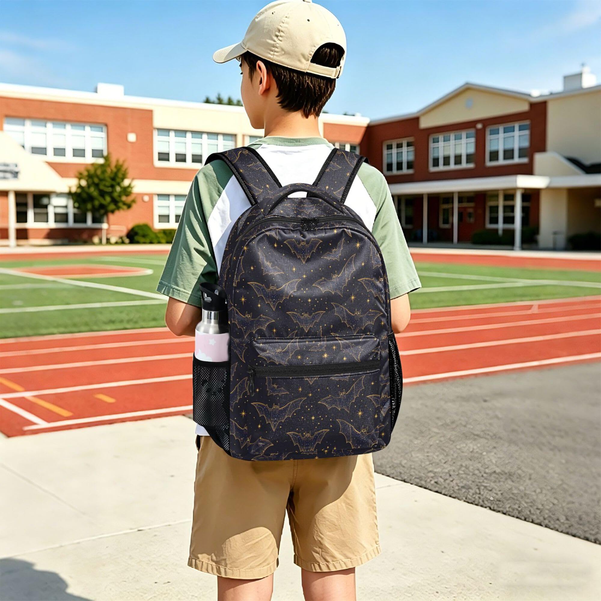 ALAZA Mochila para niños, mochila escolar con diseño de murciélagos y estrellas, color negro, de gran capacidad, para estudiantes, para niños y niñas, Bats I8277, M, Bats I8277