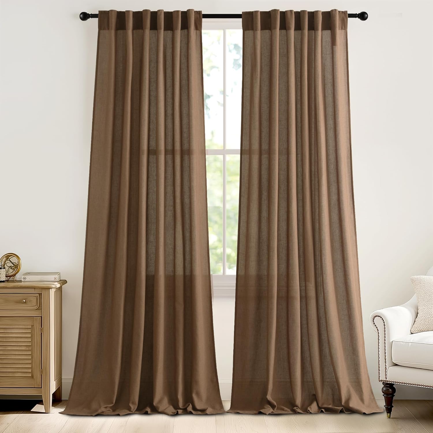StangH Natural Linen Curtains 2 Panels Set, Light Filtering Privacy Window Treatments Farmhouse Textured Back Tab Semi Sheer Drapes for Living Dining Room, W55 x L90