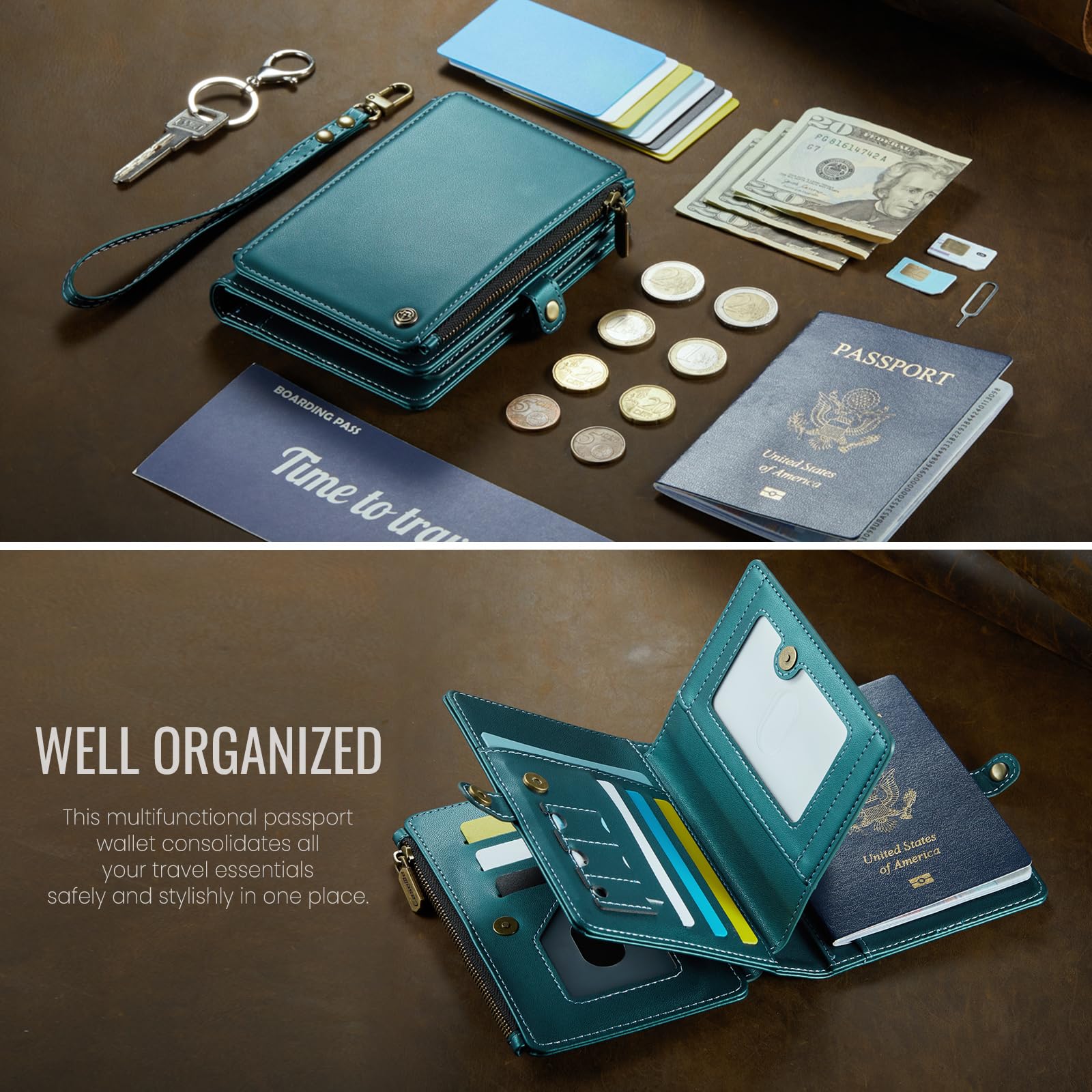 Portefeuille de passeport avec blocage RFID avec dragonne, porte-passeport de voyage en cuir synthétique avec 11 emplacements pour cartes, poche zippée et fermeture magnétique, portefeuille de