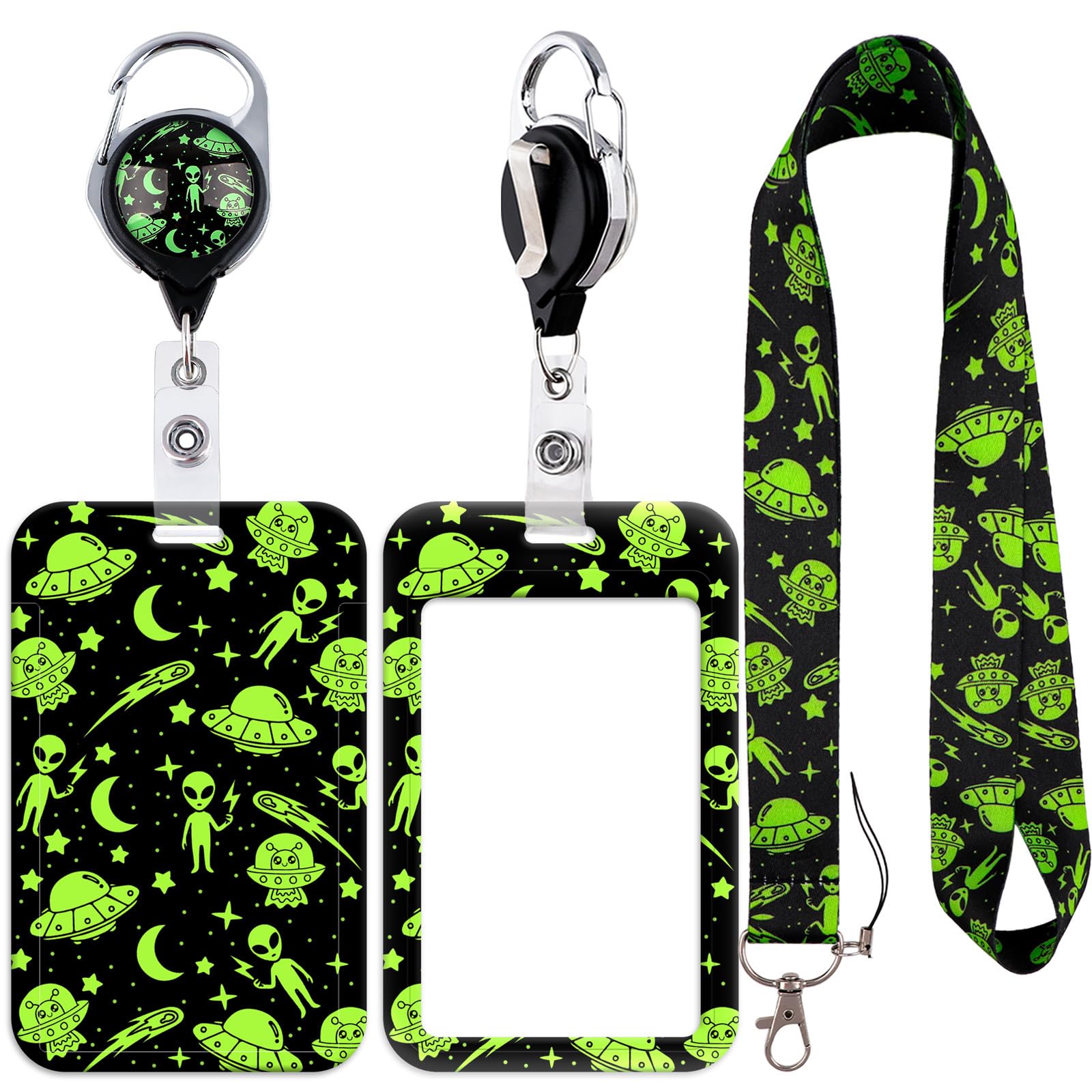 Alien Lanyard ID Badge Card Holder with Retractable Badge Reel Carabiner Clip Neck Strap Key Lanyard Plastic Case Name Pass Sliding Badge Holder