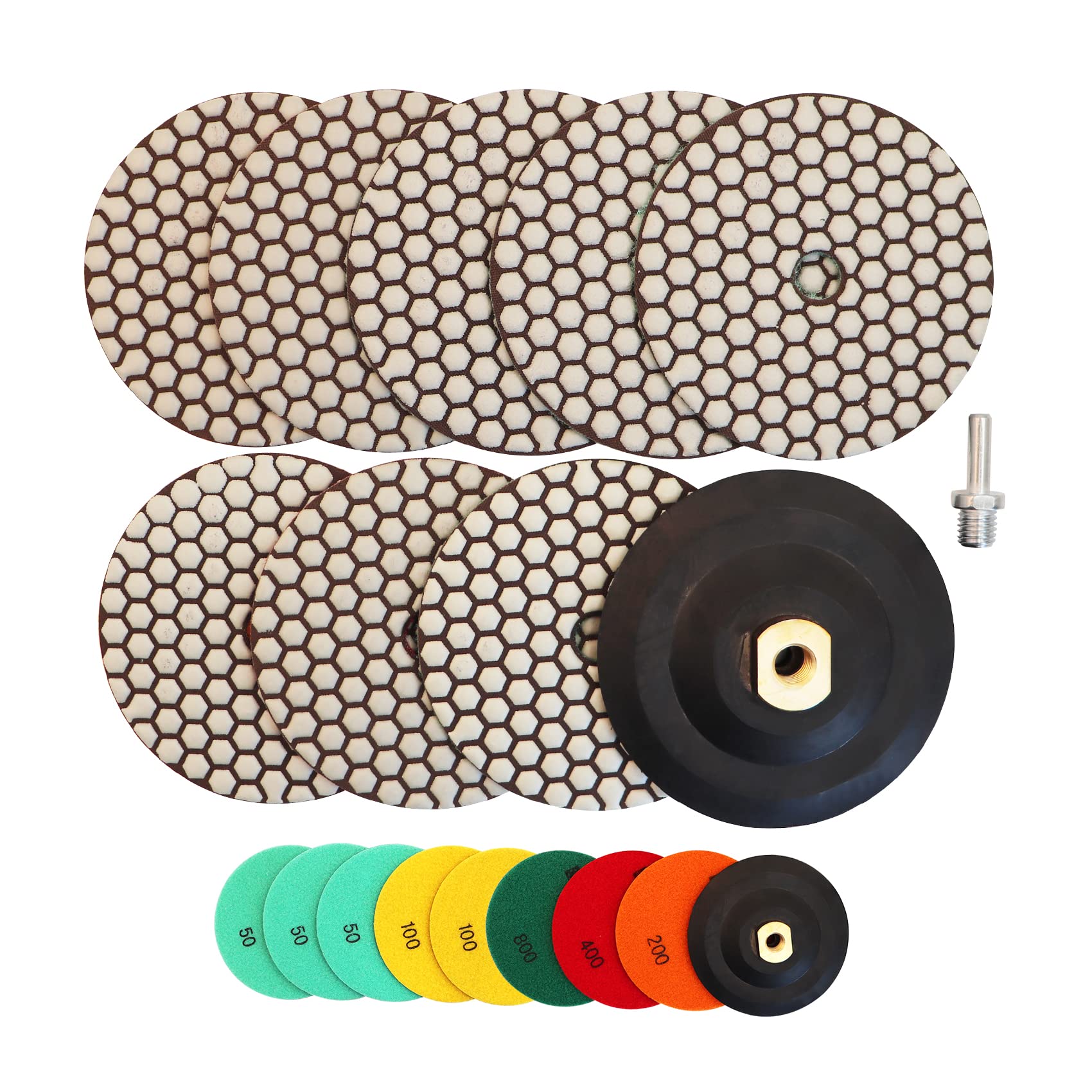 HIGHDRIL Trocken Diamant Polierscheibe - 8 Stk.(#50x3/100x2/200/400/800) Diamant Polier Auflagen mit Gummiunterlage+ M14 Adapter für Granit Stein Marmor Bodenschleifer oder Polierer Dia 5 Zoll/125MM