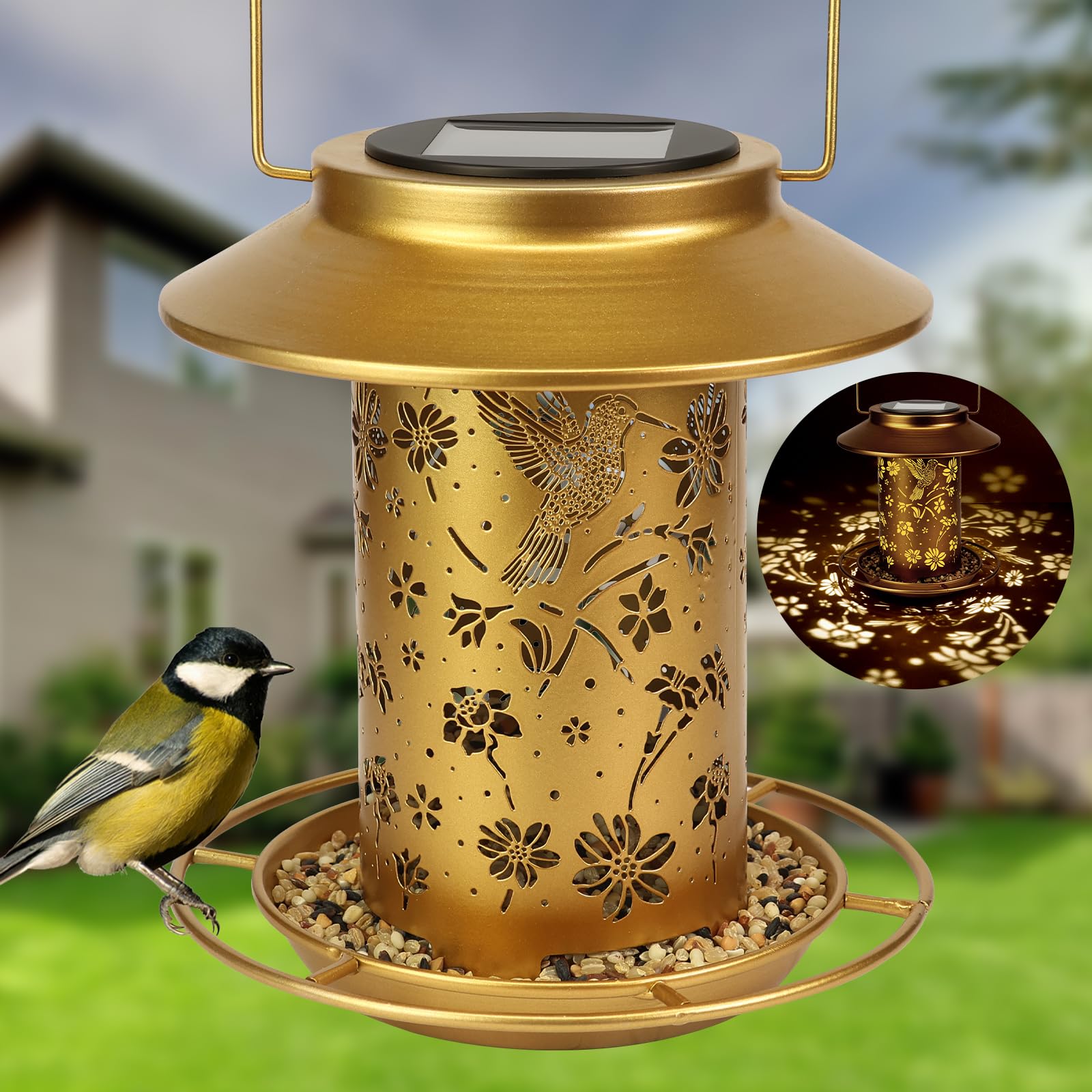 Mangiatoia solare per uccelli da appendere, in metallo, impermeabile, per esterni, lanterna da giardino, regalo ideale per gli amanti degli uccelli, donne e mamme, decorazione per cortile, patio