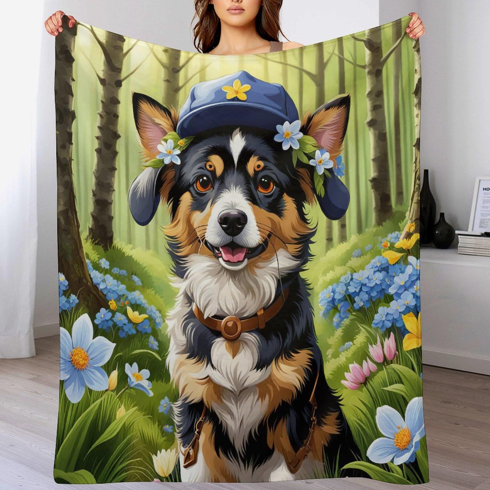 Couverture en flanelle isolante et chaude flower chien plaid canapé facile à manipuler