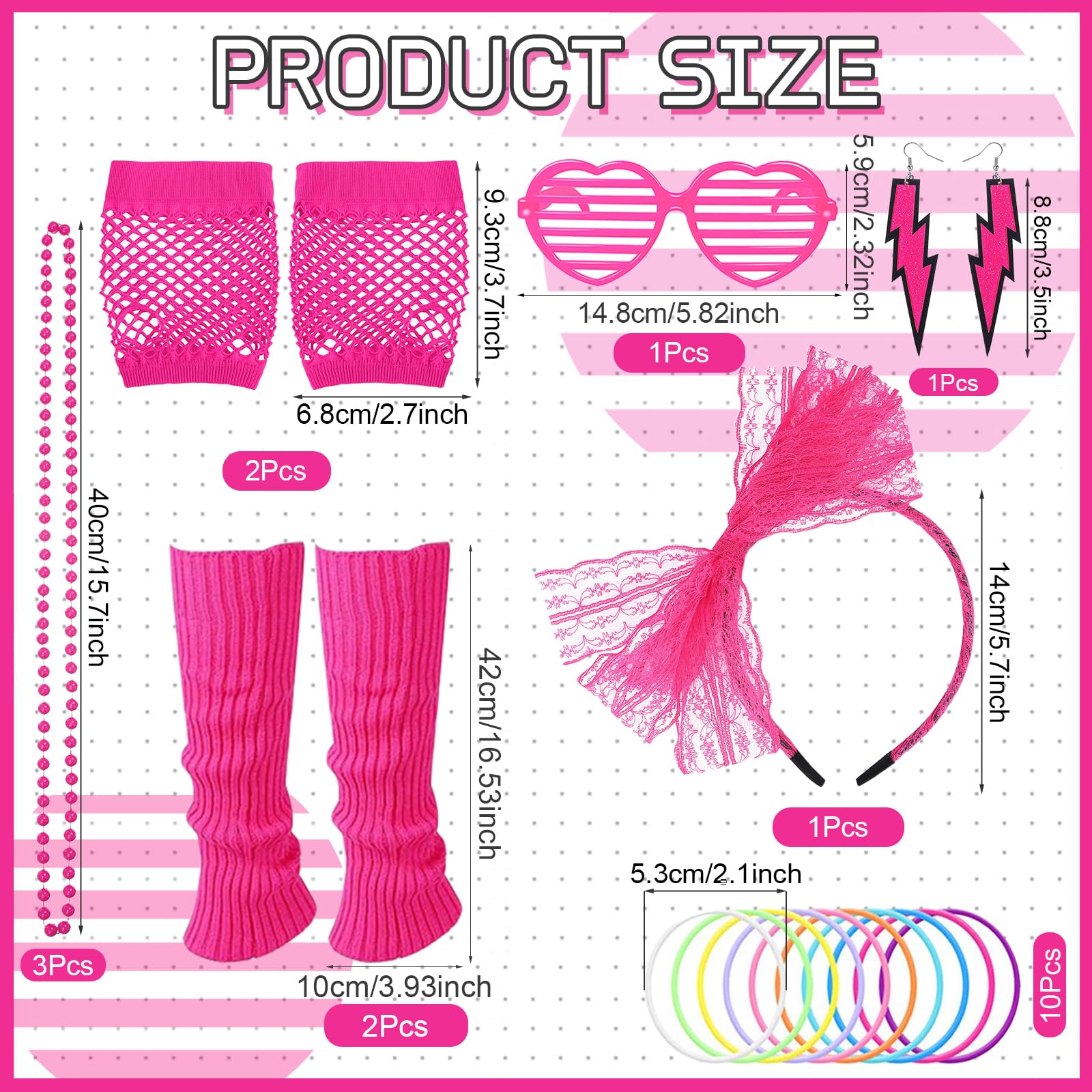 80s Fancy Dress Accessories Set, 1980s Retro Costume Kit with Bow Headband Leg Warmers Fishnet Gloves Earrings Necklace for Women Girls 80s Theme Party Hen Do Party Supplies (Rose Red) - Image 2