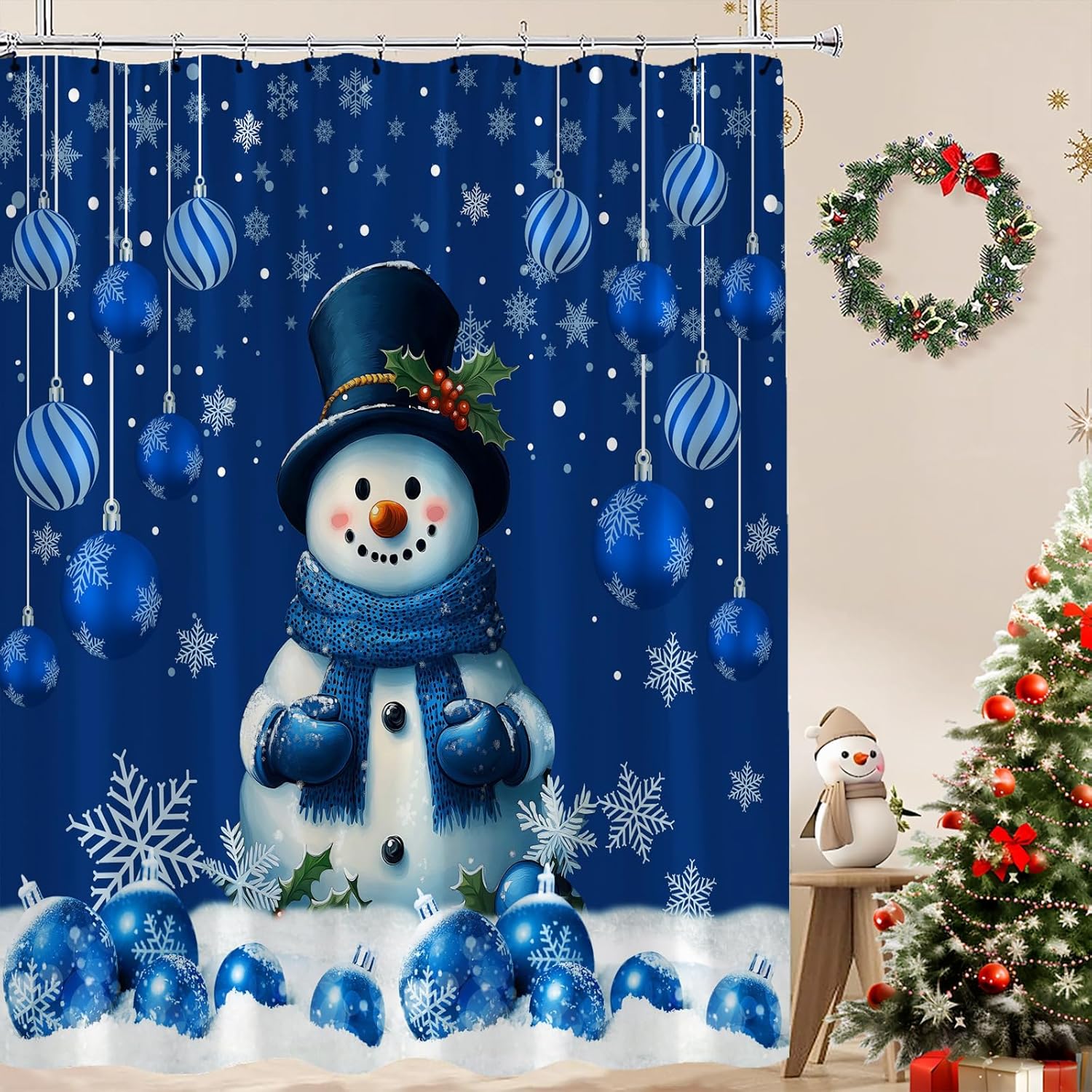 Blue Christmas Snowman Shower Curtain Cute Snowflake Xmas Balls Snowy Winter New Year Holiday Bath Decor Curtain with Hooks, 70x78 Inch
