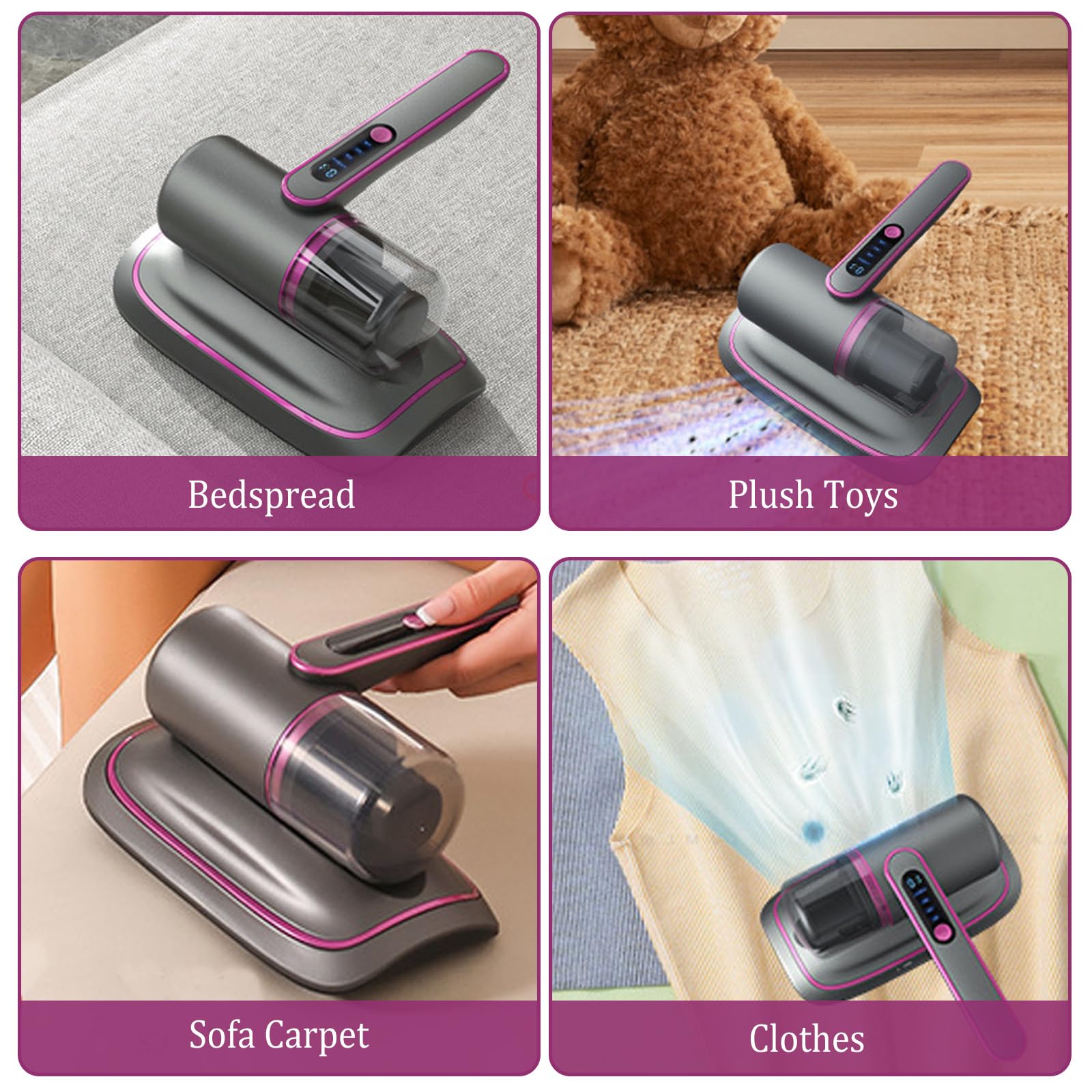Aspirateur Anti-Acariens Portatif pour Matelas, 12Kpa Sans Fil, Détecteur de Poussière avec Lumière UV-C 2 Vitesses Réglables (Violet)