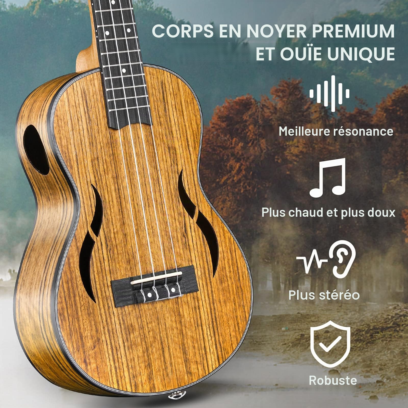 Vangoa 23 pouces Ukulélé de Concert Bois de Noyer Hawaii Ukulélé Acoustique pour Débutants Adultes avec Sac, Naturel