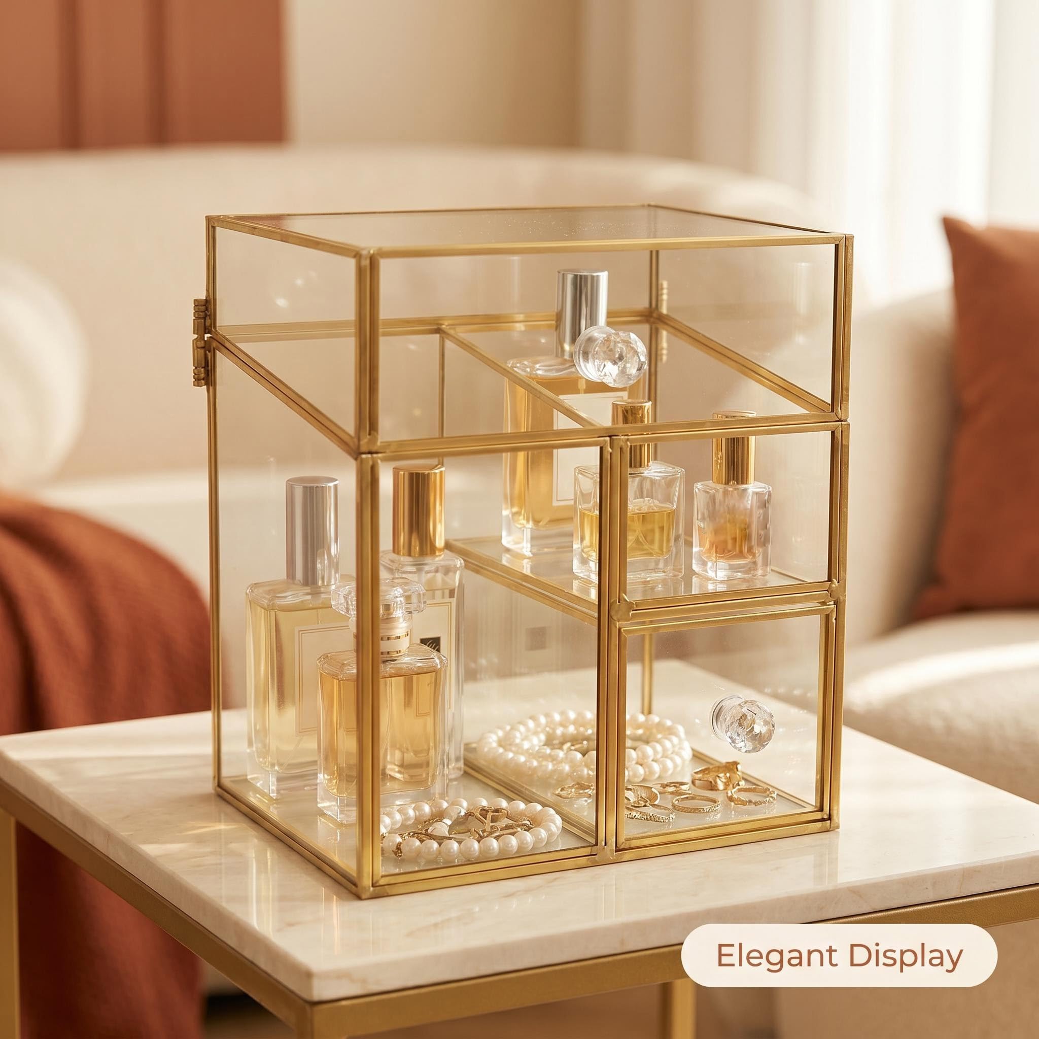 JIARI Organizador de maquillaje de vidrio con cajones, 6.88 x 5.31 x 7.87 pulgadas, acabado dorado, almacenamiento de cosméticos transparente, múltiples compartimentos, exhibición de tocador