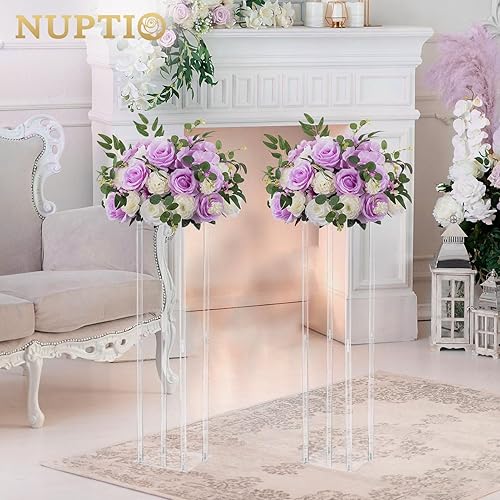 Miniatura 4 de NUPTIO Ramo de arreglo de bolas de flores, 2 piezas de 17.7 pulgadas de diámetro, color morado claro y blanco, flores falsas para centros de mesa,