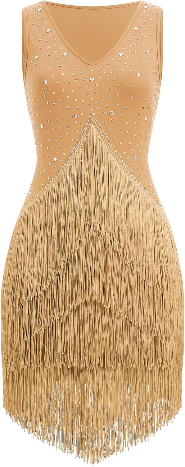 Women Latin Dance Dress Sleeveless V Neck Rhinestone Top Midi Fringe Skirt Adult Sparkly Jazz Ballroom Dance Outfits