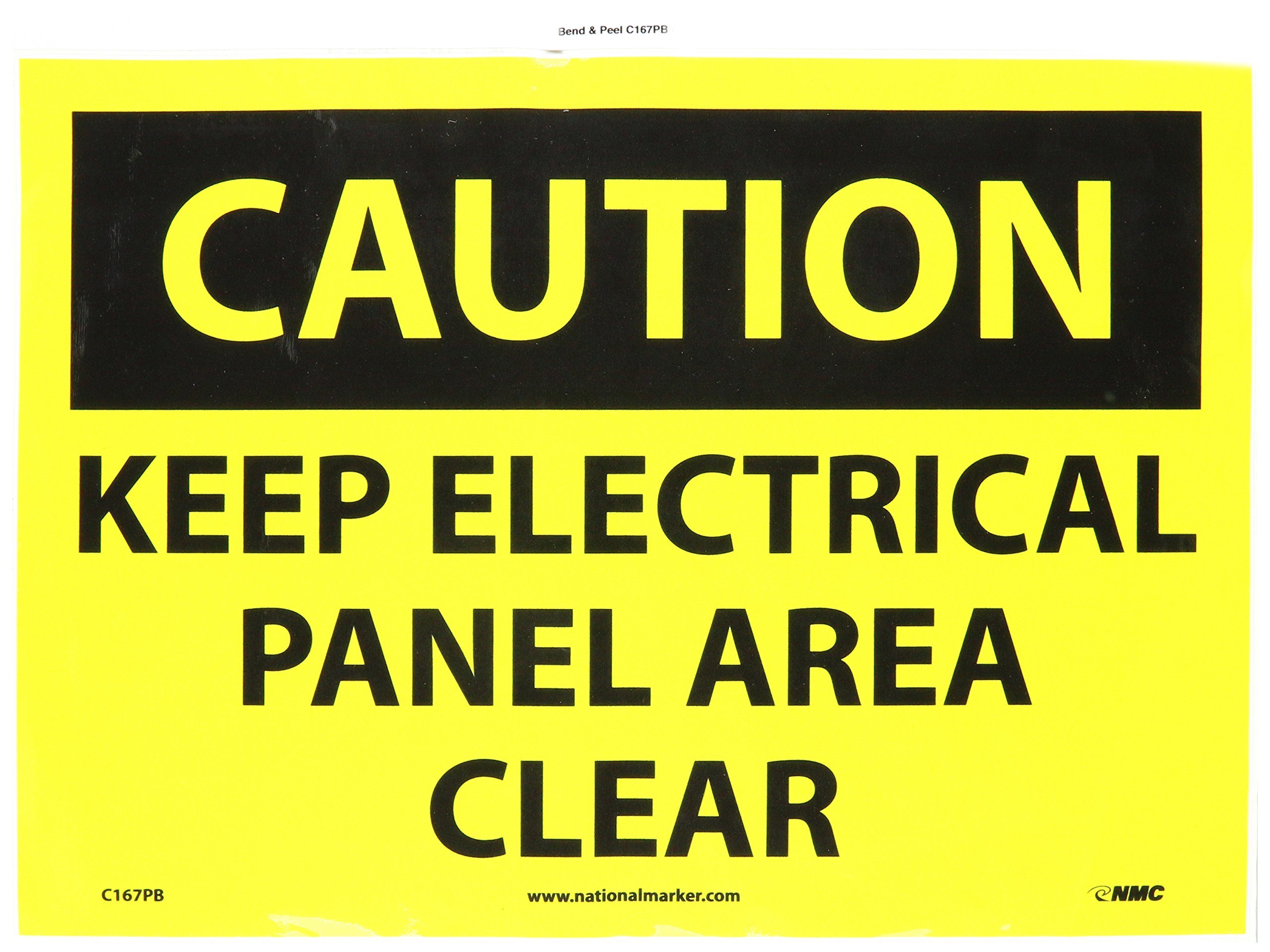 NMC C167PB OSHA Sign, Legend "CAUTION - KEEP ELECTRICAL PANEL AREA CLEAR", 10" Length x 14" Height, Pressure Sensitive Vinyl, Black on Yellow