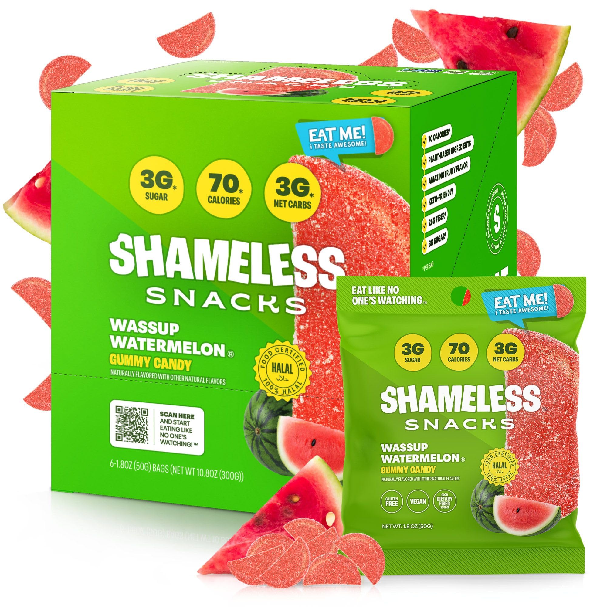 Shameless Snacks - Healthy Low Calorie Snacks, Low Carb Keto Gummies (Gluten Free Candy) - 6 Pack Wassup Watermelon
