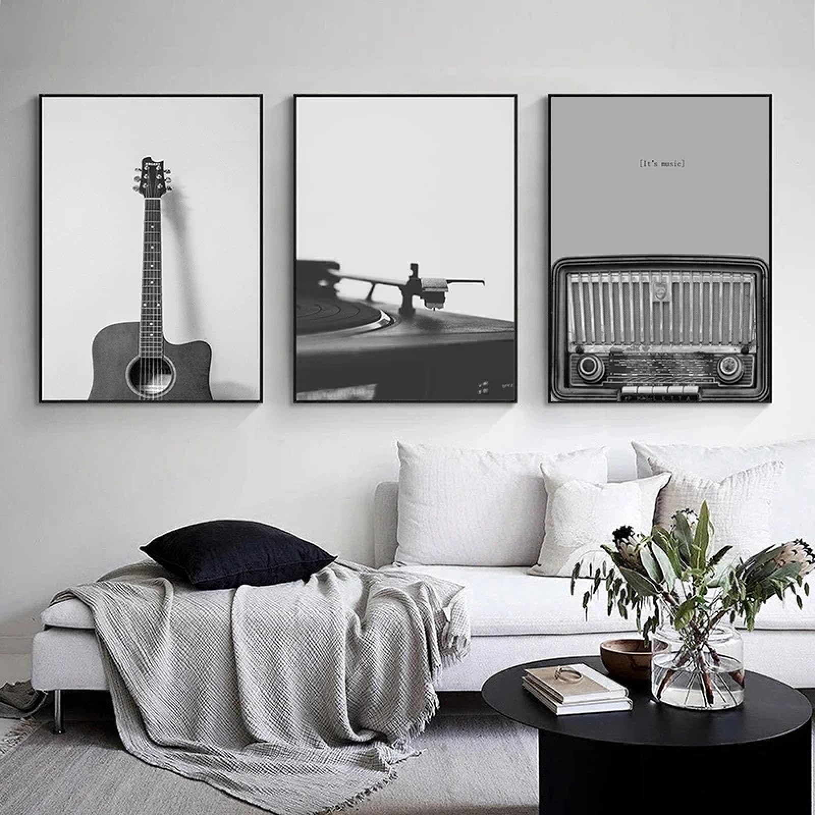 DAMAIART Vintage muzyka płyta winylowa plakat sztuka ścienna czarno-biały obraz słuchawki płótno malarstwo wydruki studio muzyczne dekoracja 20 x 30 cm x 3 wewnętrzna ramka