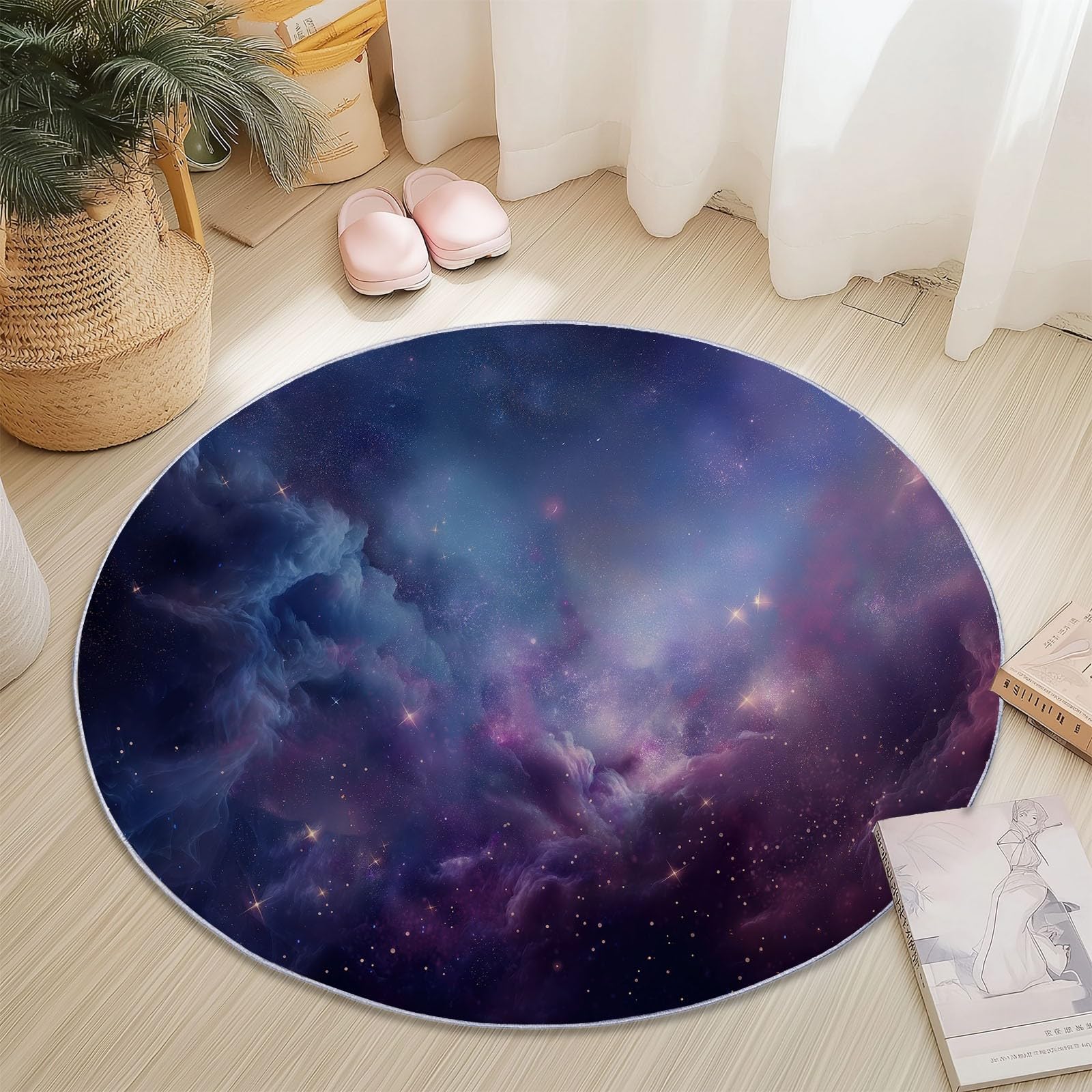 Genérico Alfombra Redonda para habitación Infantil Patrón del Universo Galáctico, Estilo Natural Alfombra Antideslizante Suave y esponjosa para Sala de Estar, Dormitorio, Comedor, 120 cm, Azul Morado
