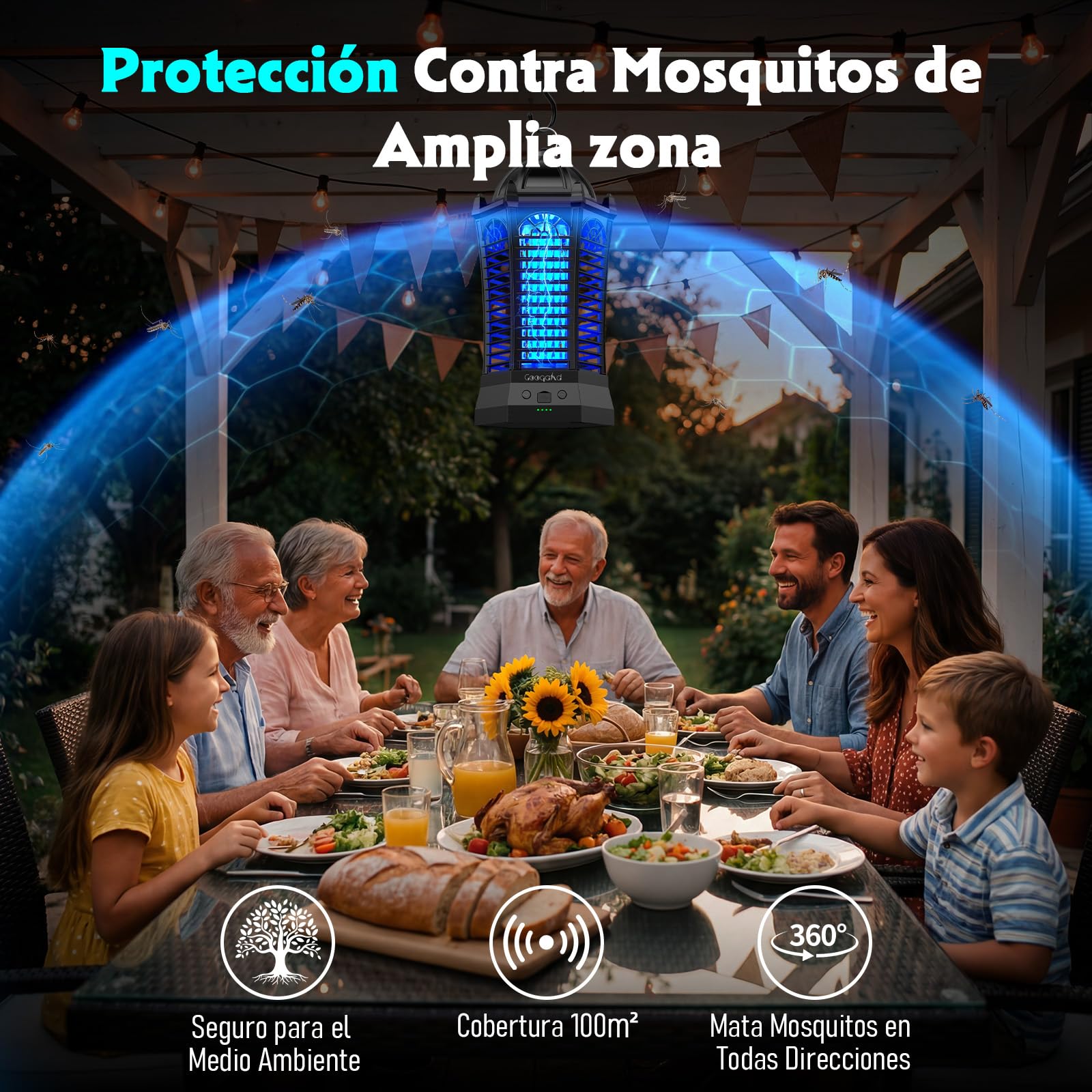 Lampara Antimosquitos GooQand 4000mAh, Mata Mosquitos Electrico UV Portátil Recargable con Pértiga Telescópica Red de Seguridad, 3 Modos de Iluminación para Exterior, Campamento, Jardín, Patio, Pesca