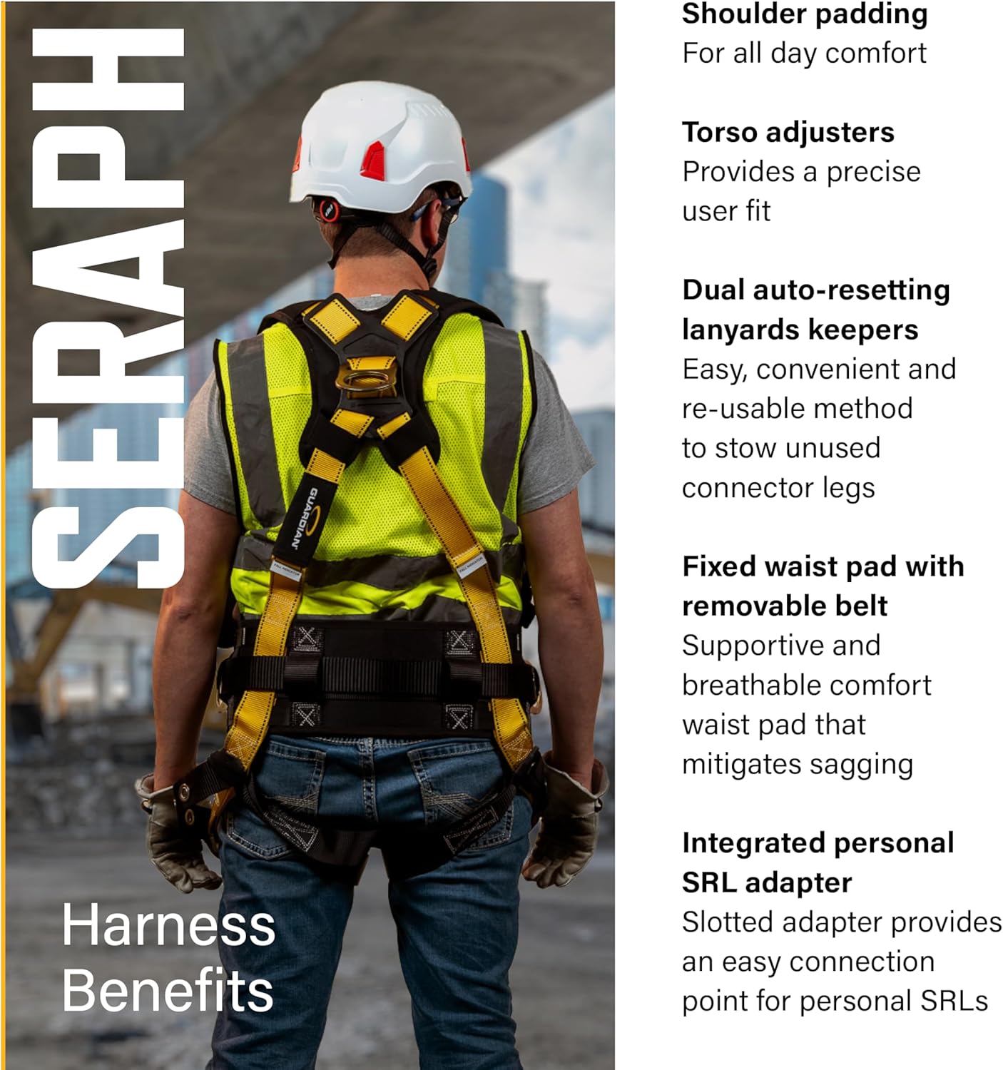 Guardian Seraph Construction Style Harness Waist Pad PT Chest TB Leg 3D (Dorsal, Sides) OSHA and ANSI Compliant