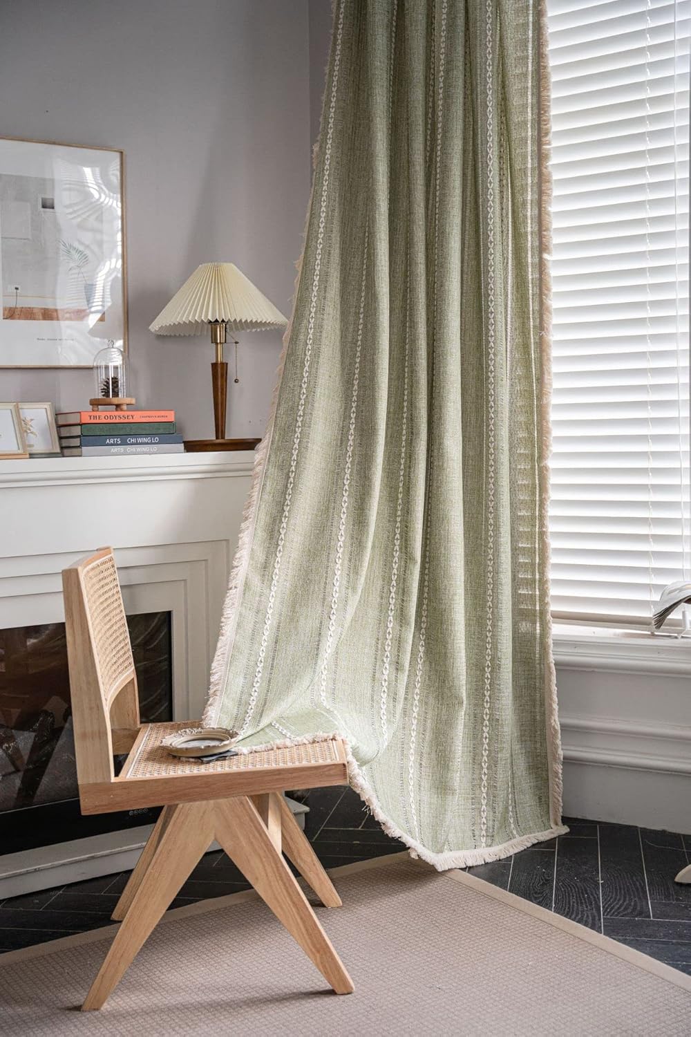 Green Semi-Blackout Boho Curtain for Bedroom Living Room 71 Inches Long Farmhouse Cotton Linen Embroidery Striped Window Curtain Panel Bohemian Tassel Rod Pocket Drape (1 Panel, 52" W x 71" L)
