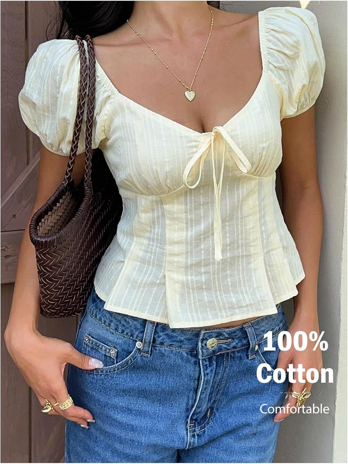 MakeMeChic Women's Textured Puff Sleeve Square Neck Tie Front Shirts Babydoll Blouse Top - Image 4