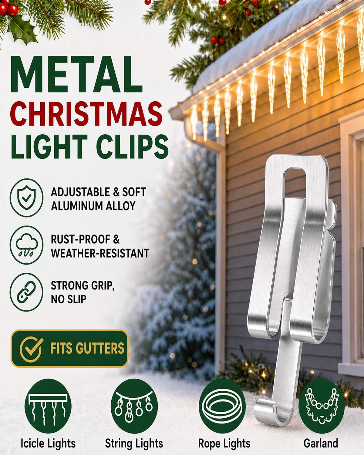 100PCS Metal Roof Christmas Light Clips, Gutter Hanger Hooks