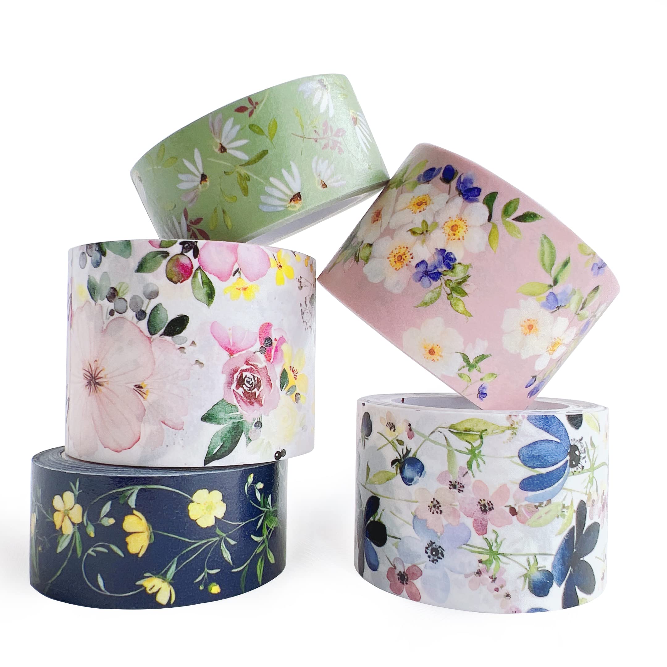 WT Let Your Eyes Fly Washi Tape Set, 5 Roll, Original Designs, Watercolor Floral Decorative Masking Tape, Wide Craft Tape, Bujo Planner Supplies, Adhesive Wrapping Tape, DIY Paper Tape
