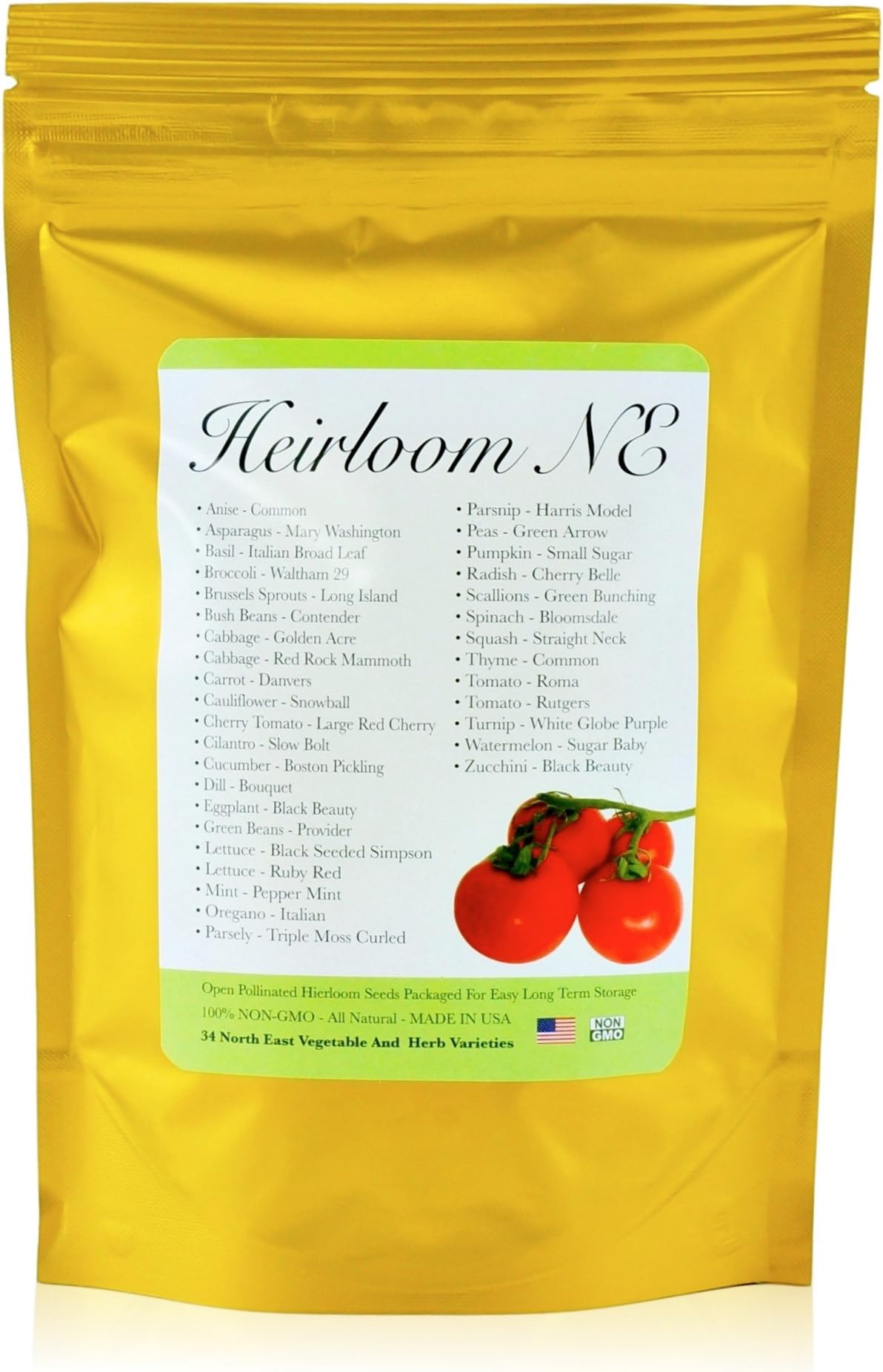 Heirloom Seed Bank with 34 Varieties of Herb and Vegetable Seeds, 2019-2020 Stock for North Eastern US Gardeners. 100% Non GMO Open Pollinated Non-Hybrid