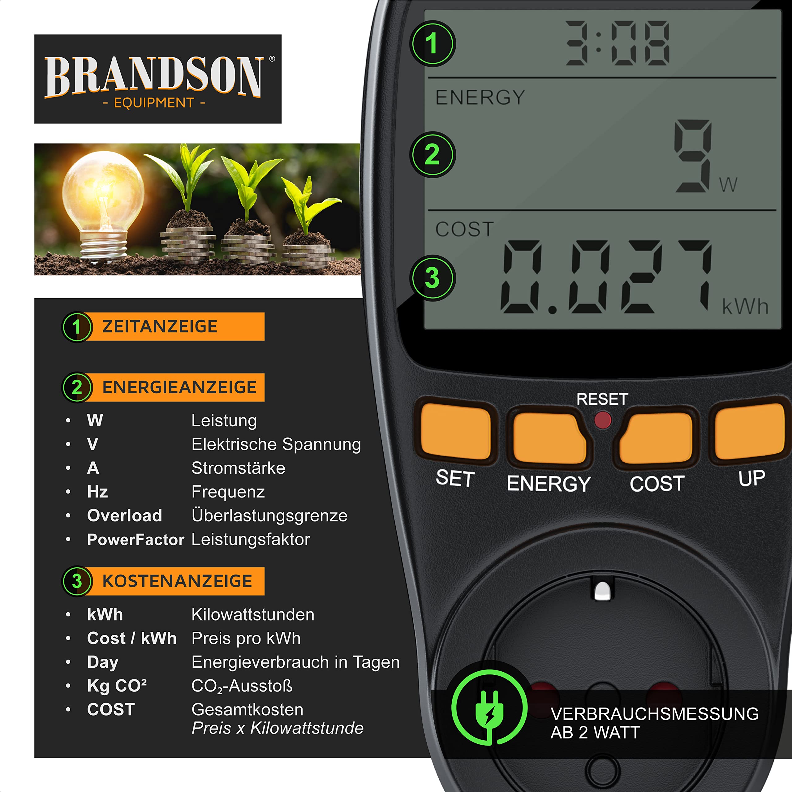 Brandson - 3x digitales Energiekostenmessgerät - Strommessgerät, Energiekosten Anzeige - Stromzähler Steckdose - 3680W - Energiemessgerät mit integriertem erhöhtem Berührungsschutz
