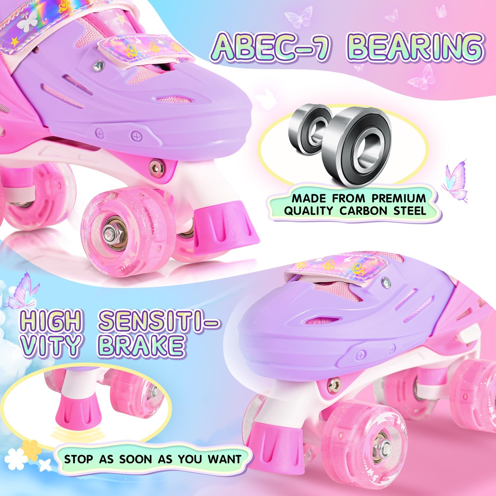 2PM SPORTS Patins à roulettes pour Enfants Fille - Rose Bleu Réglable 4 Roues pour Débutant Intérieur Extérieur
