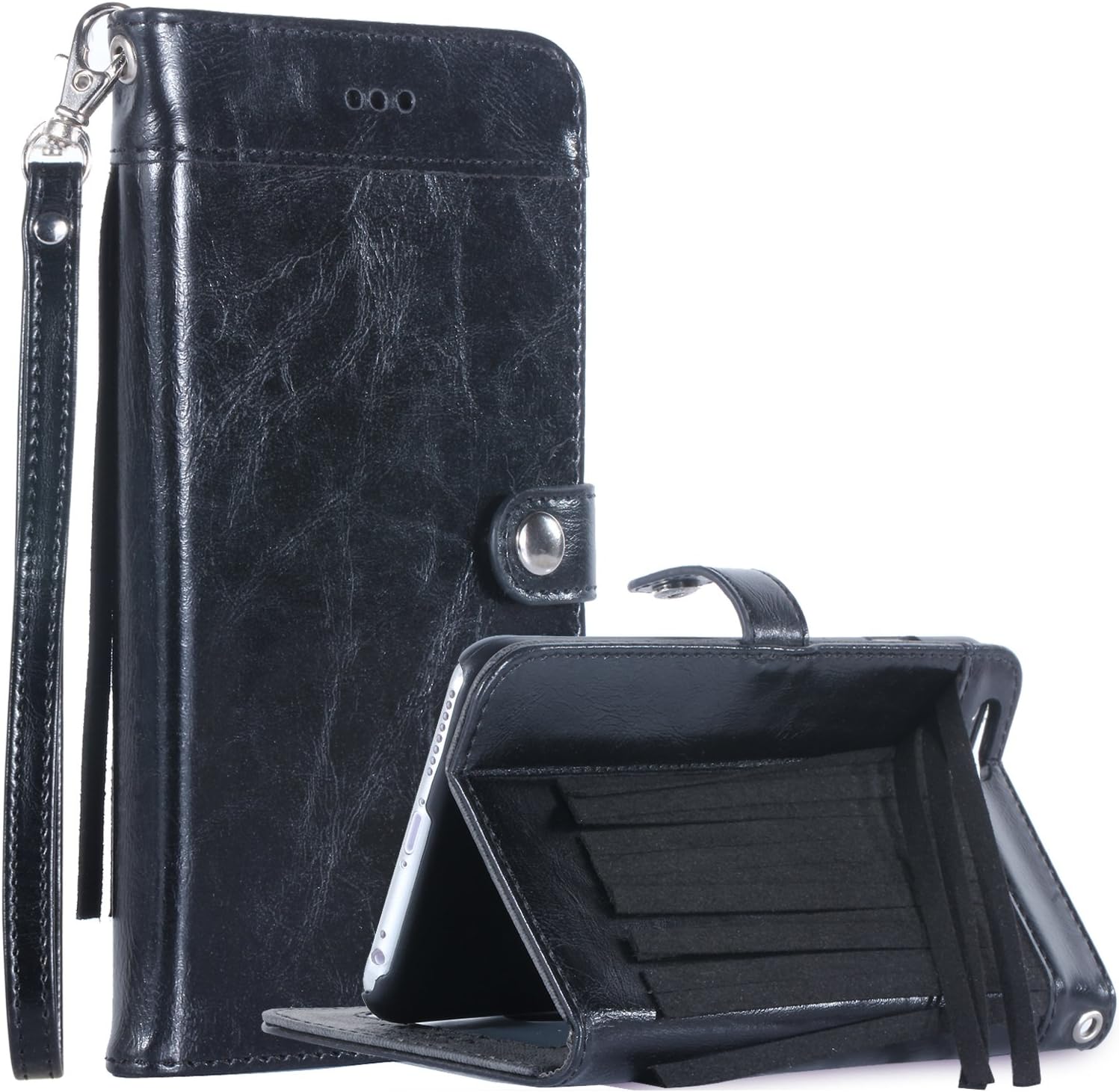 BENTOBEN iPhone 6 Plus Case Black, iPhone 6S Plus Wallet Case, [Kickstand] [Credit Card Holder] Fashion Fringe Suede Genuine Faux Leather Protective Wallet Case for iPhone 6/6S Plus (5.5 Inch), Black