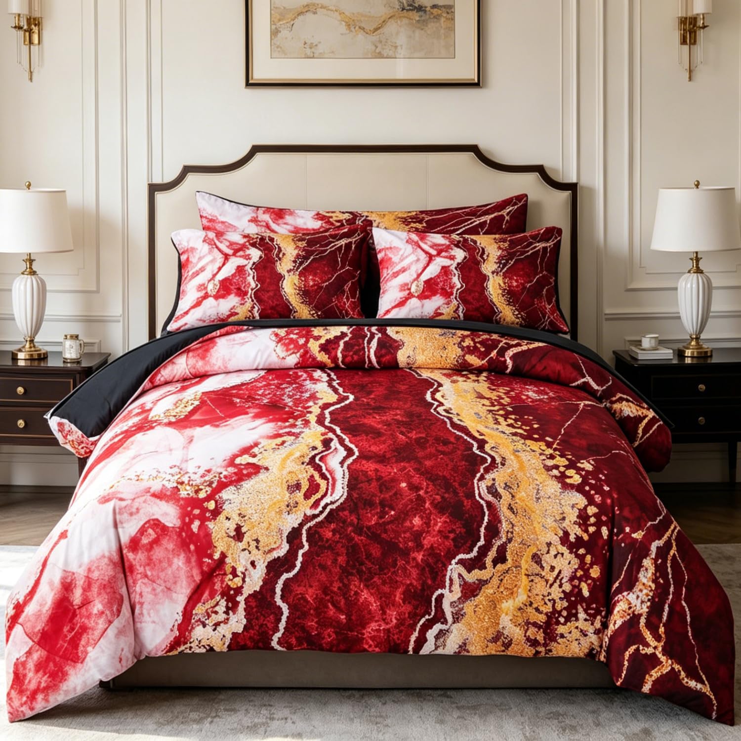 Parure de lit marbre rouge et doré 6 pièces linge de lit abstrait tie-dye grand lit
