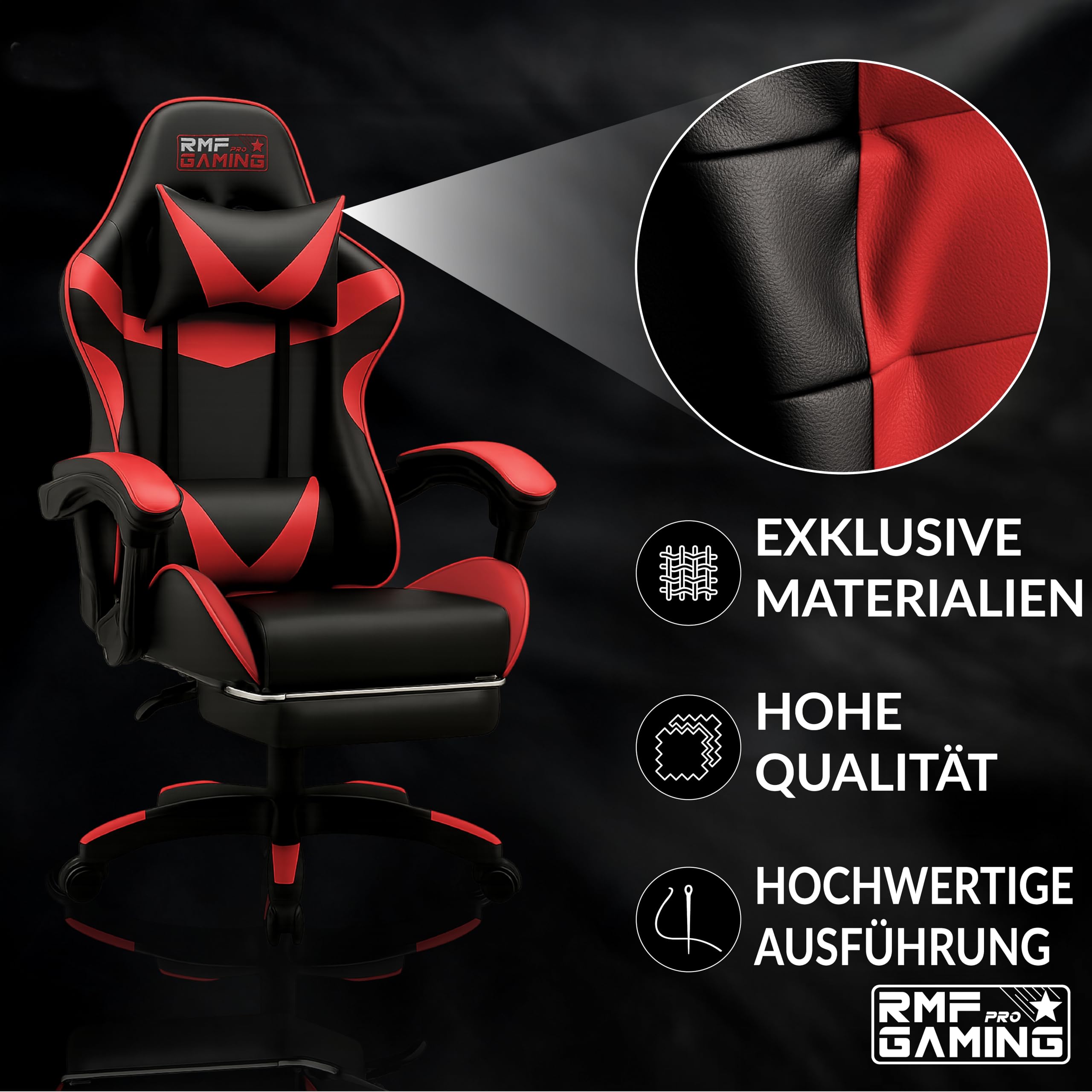 RMF Sedia Gaming Professionale Ergonomica Reclinabile, Poltrona Gaming Seduta Comoda e Rilassante con Poggiapiedi - Sedia per Gamer con Ruote Girevoli, Altezza Regolabile Rosso/Nero