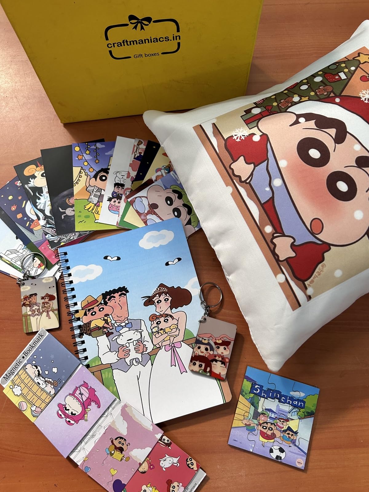 CRAFT MANIACS Shinchan Parents Marriage 16 * 16 Pillow Combo Set : Pillow, ONE Spiral Diary, 16 LOMO Cards, 4 Magnetic Bookmarks, ONE Wooden Puzzle & 3 Keychains | UBER Cool Merch for Cartoon Lovers-picture-22