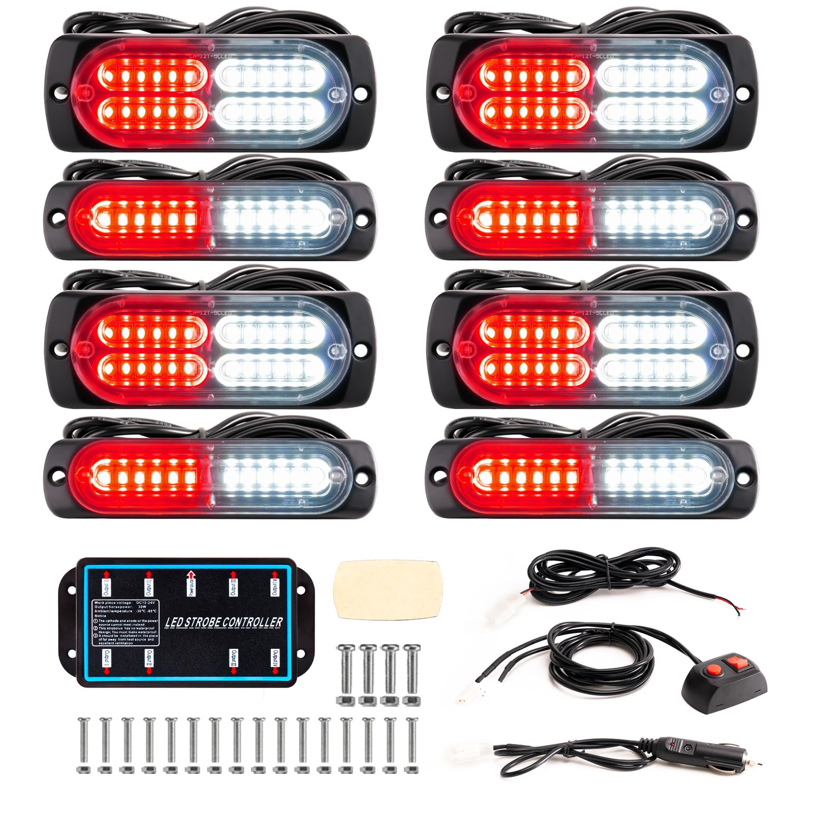 BooYu 8-pcs Sync Feature LED Emergency Strobe Lights Ultra Slim Grille Surface Mount Flashing Warning Hazard Light Bar w/Controller for Construction, Firefighter, Trucks, Vehicles, Car (Red/White)