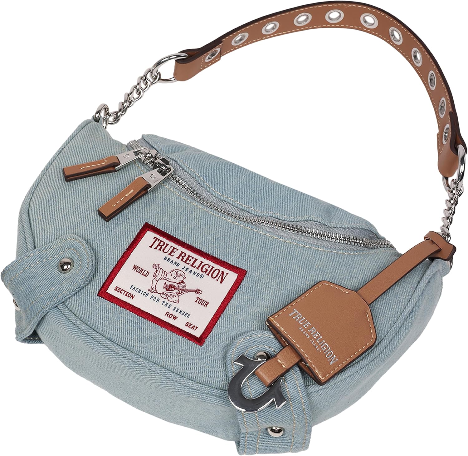 True Religion Hobo Shoulder Bag Purse, Denim Travel Handbag with Chain Strap, Light Blue - Image 7