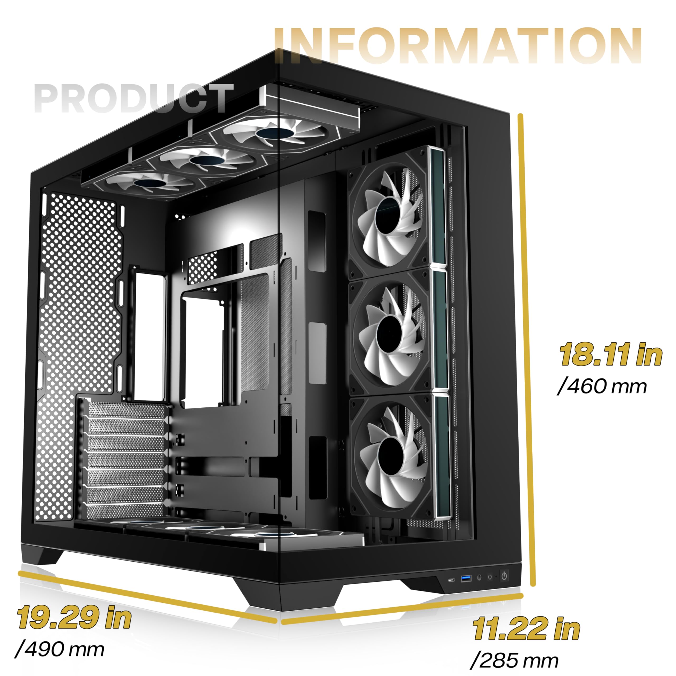 ANSAITE ATX PC-Gehäuse 9×120 mm ARGB PWM-Lüfter vorinstalliert ，Mid-Tower Gaming PC-Gehäuse, Panorama-Gehärtetes Glas Schwarz Computer-Gehäuse mit Typ-C, 360mm Radiator Unterstützung，H-D9 (Schwarz)