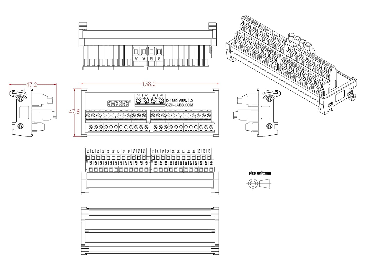 Screw Terminal Block Power Distribution Module (2x24 Position, DIN Rail Mount)