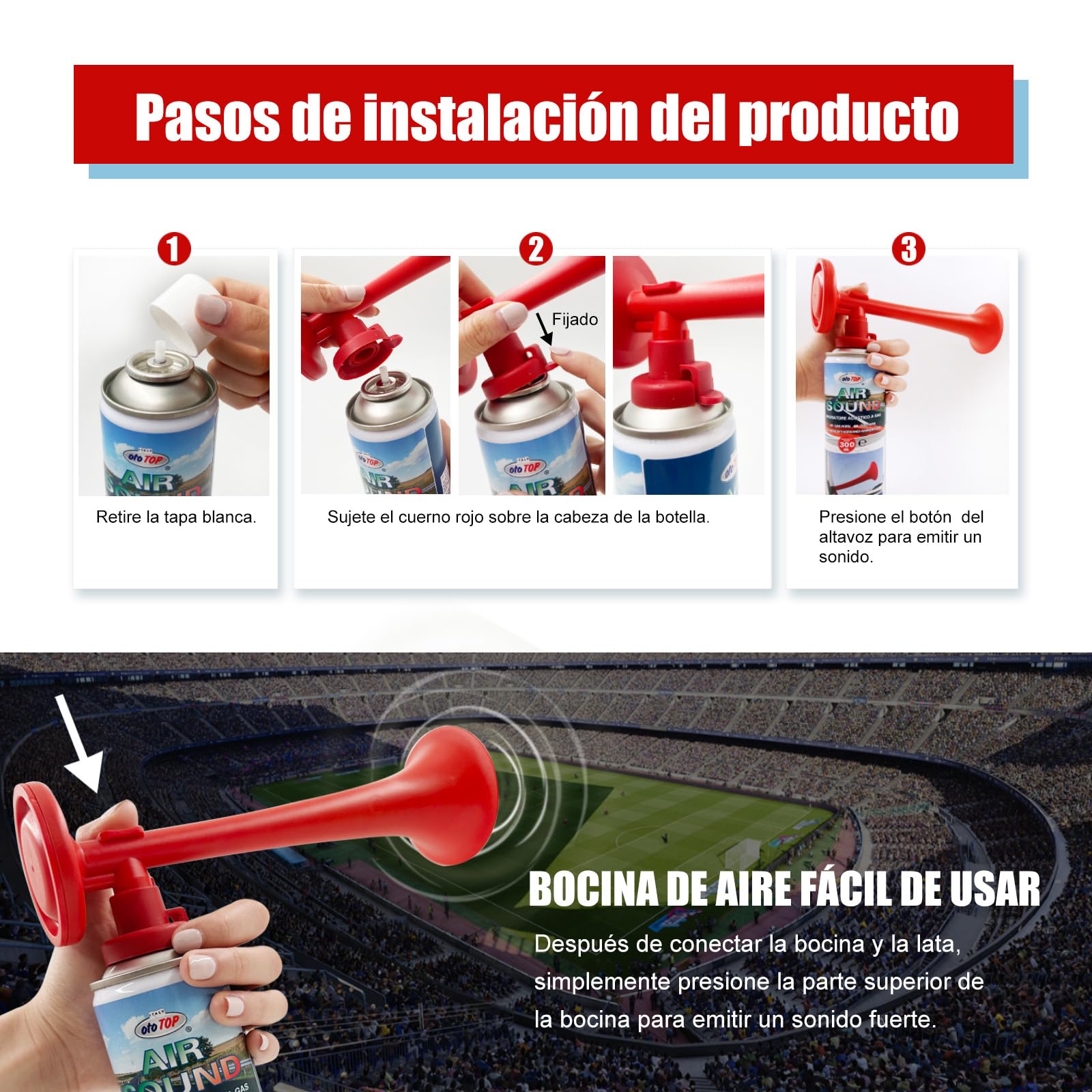 Drucklufthupe, tragbare Gashupe, Gas-Stadion-Trompete, Horn, Fußballtrompete, 300 ml (3 Stück)