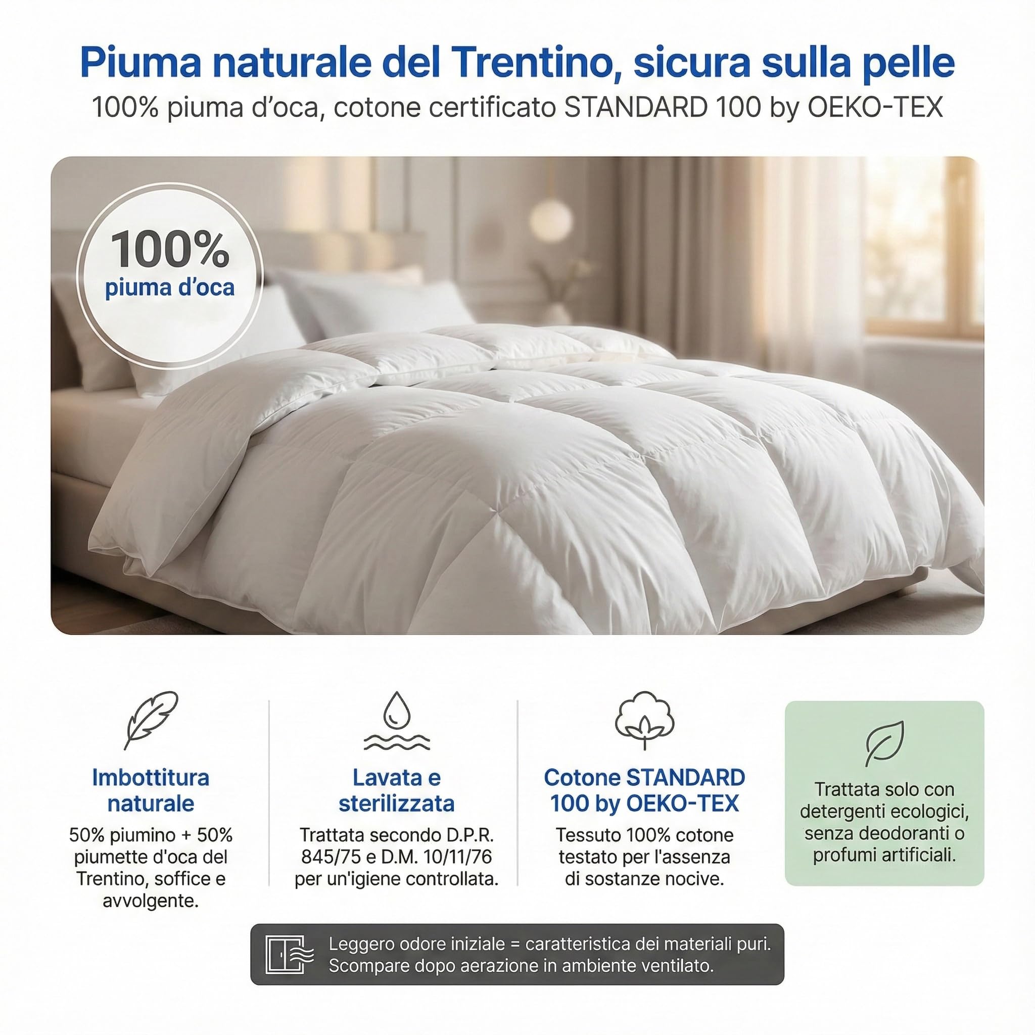 Piumino d’Oca Trentino 4 Stagioni, 2 Piumini Separabili, Soffice, Versatile, 50% Piumino e 50% Piuma d’Oca, Certificato OEKO-TEX - Letto Singolo - 1 Piazza - Cm. 155X200