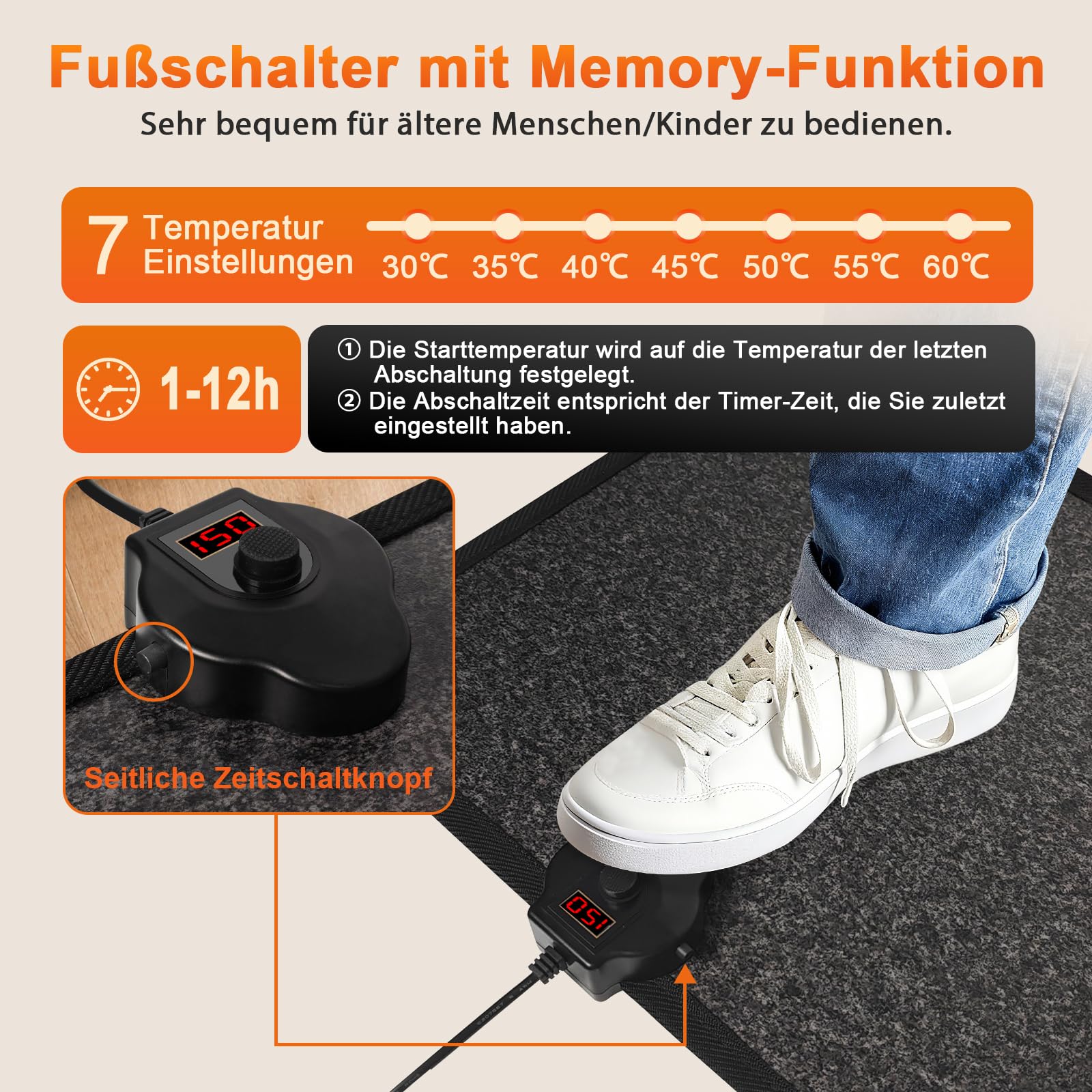 Fußwärmer Elektrisch – 230V Heizmatte Mit 1-12H Timer &7-Temp Heizstufen bis 60°C Wärmepads – 55W Fusswärmer Fußschalter & Thermostat Fussbodenheizung (Schwarz mit Muster)