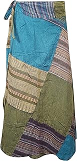 Mogul Interior Wrap Around Skirts Cotton Blue, Green Patchwork Boho Maxi Skirt XL