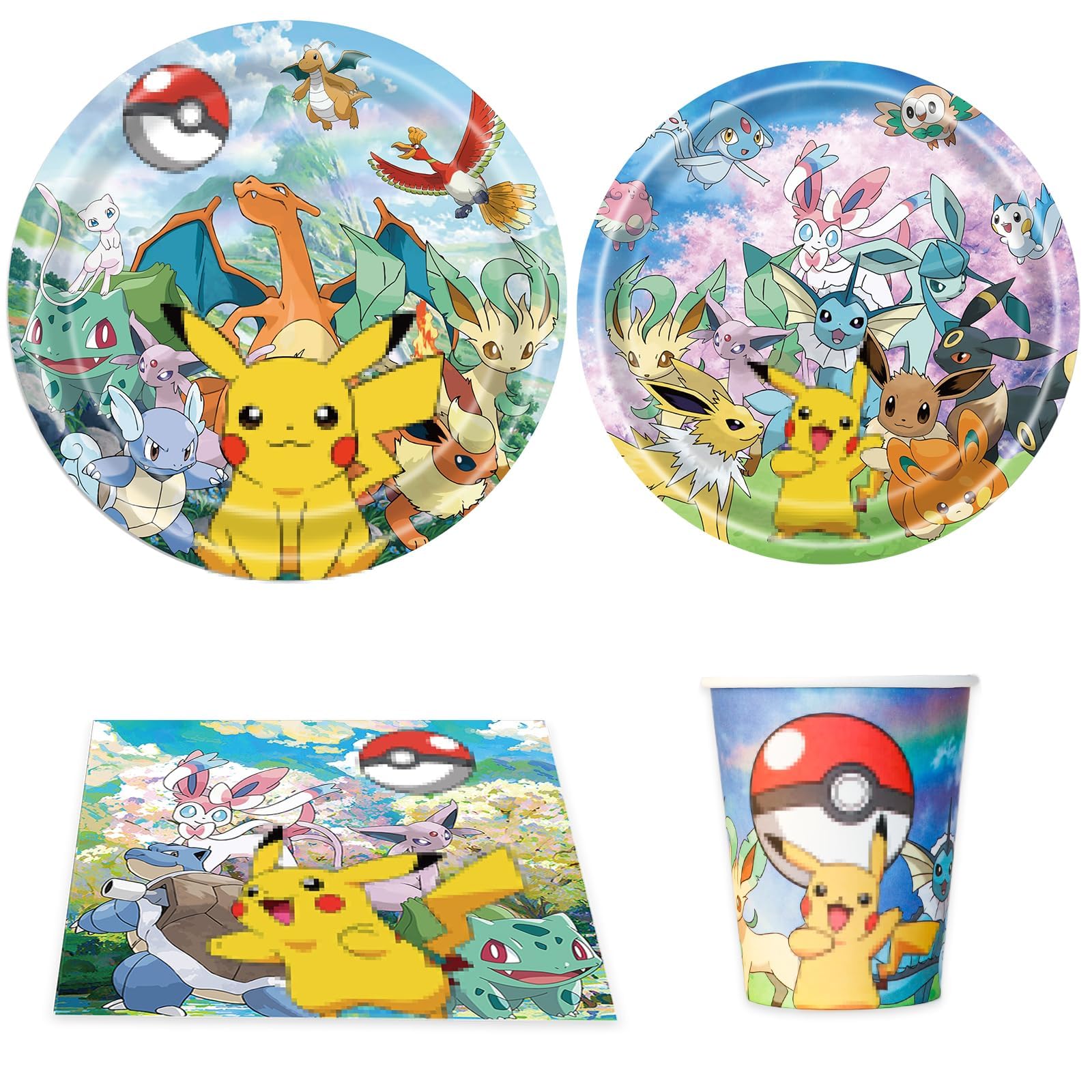 Pappgeschirr Set, 80 Stück Partygeschirr mit Pappteller Pappbecher Servietten für 20 Gäste, Bunte Papier Teller und Becher, Cartoon Anime Geschirrset für Kindergeburtstag Partydeko Tischdeko