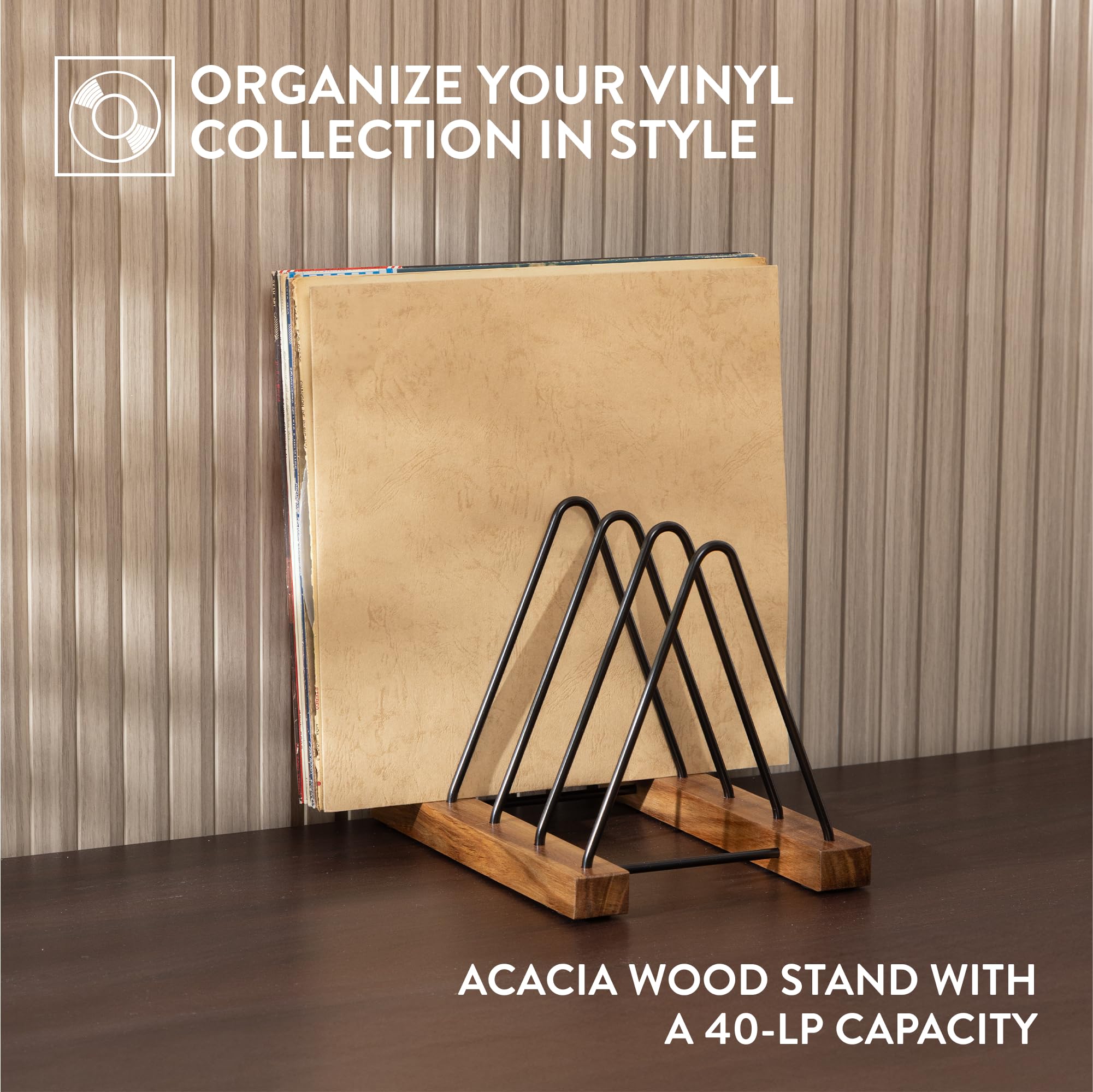 Big Fudge Almacenamiento de discos de vinilo de madera de acacia, soporte para LP con base resistente a los arañazos, soporte de exhibición de colección de álbumes, organizador de fácil montaje para