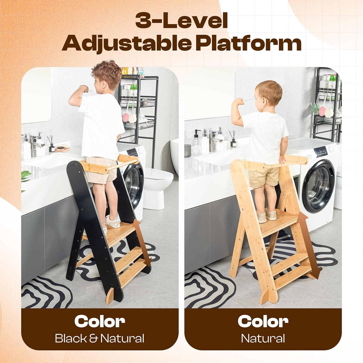 Adjustable Folding Toddler Tower, 3 Level Height Adjustable, Montessori Learning Stool, Kids Standing Tower for Kitchen and Bathroom.