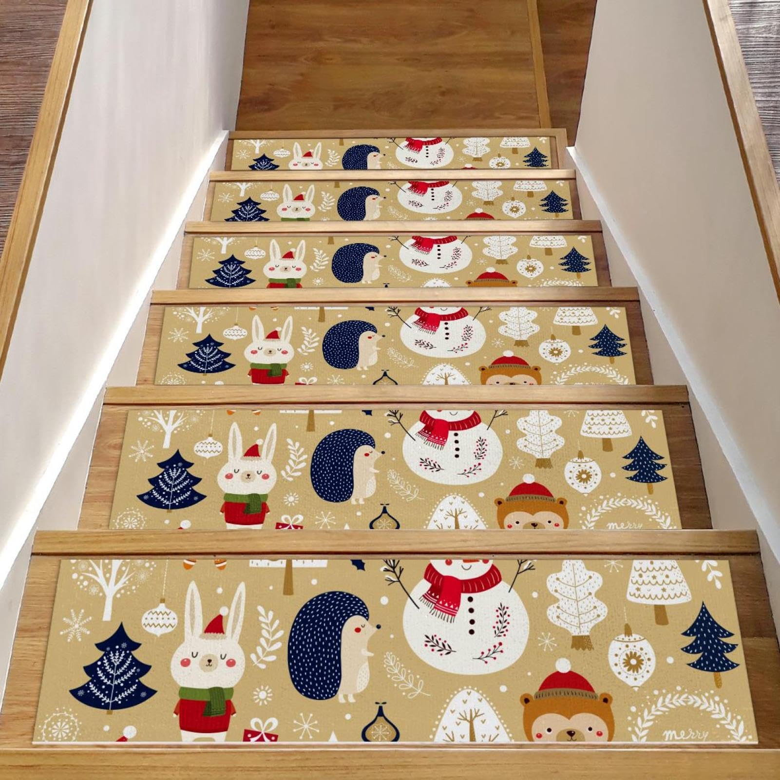 Alfombra para peldaños de escalera de madera con base de TPE interior y diseño de Navidad