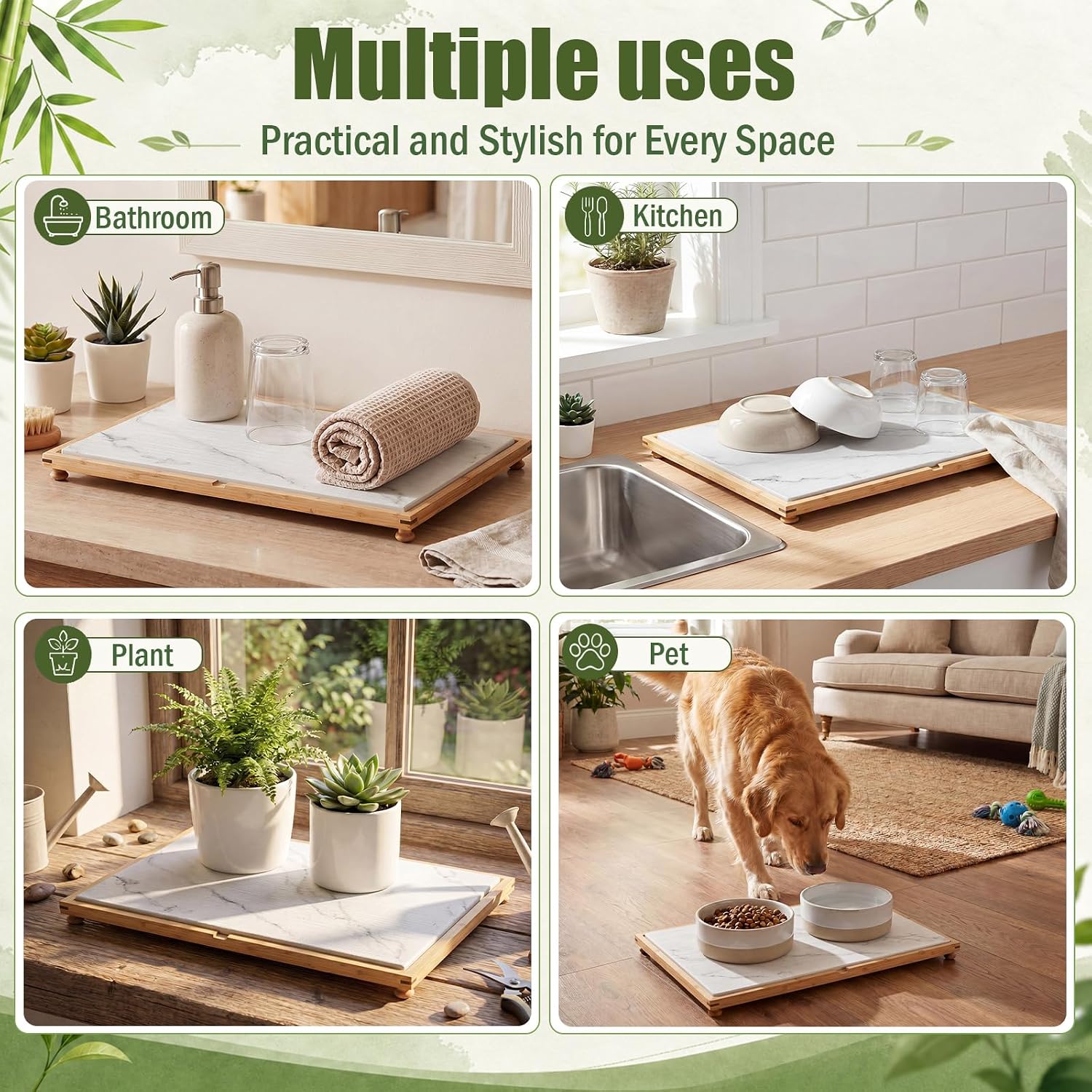 24" x 16" Large Stone Drying Mat with Bamboo Rack for Kitchen Counter, Absorbent Diatomaceous Earth Dish Drying Mat, Quick Dry Tray, Marble White