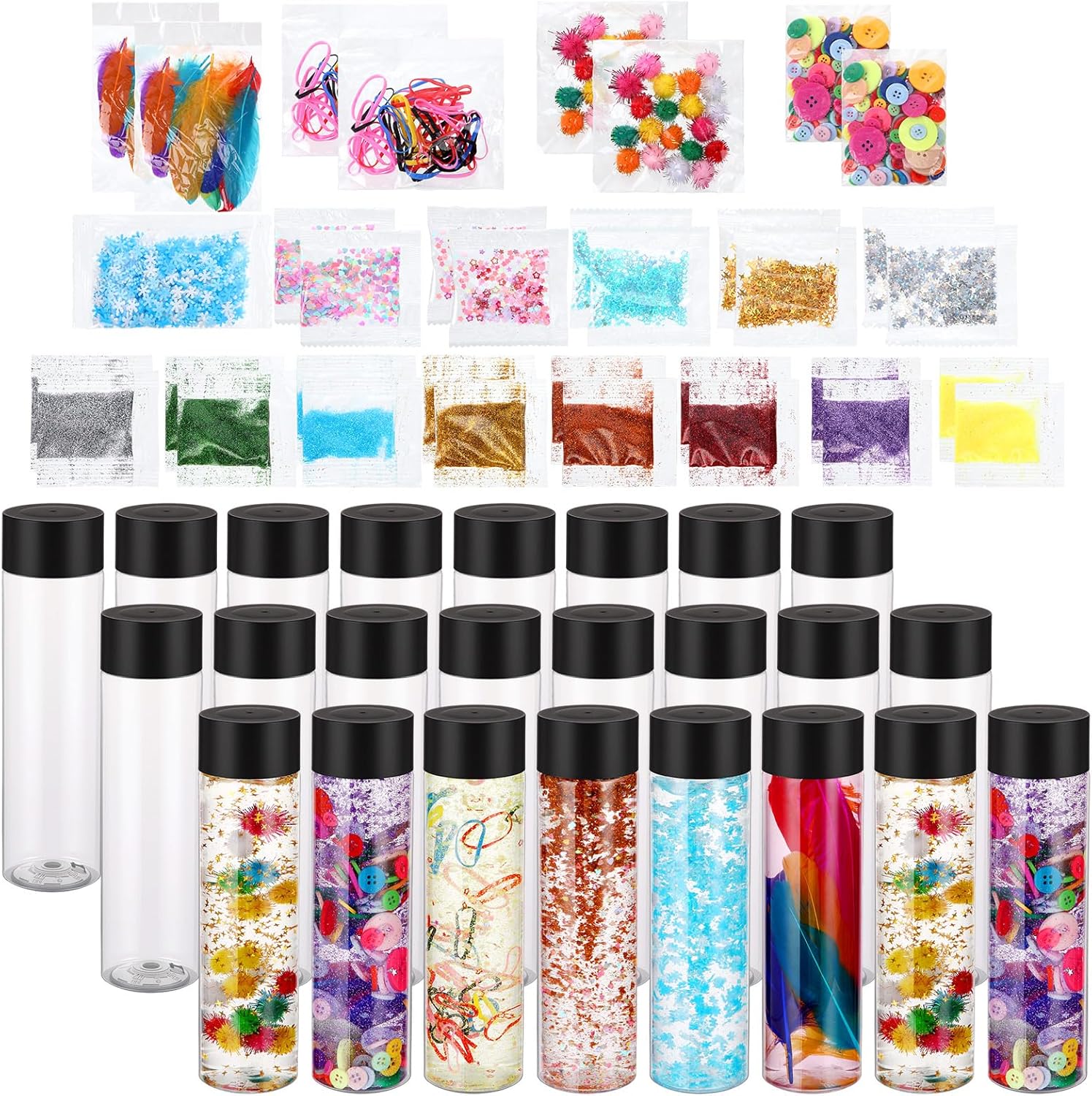 24 Pcs Sensory Bottles Kits for Kids 13.5oz 400 ml Leakproof Clear Plastic Containers with Lids Sequins Accessories Reusable Empty Water Bottles for Crafts Classroom Handmade Party Supply
