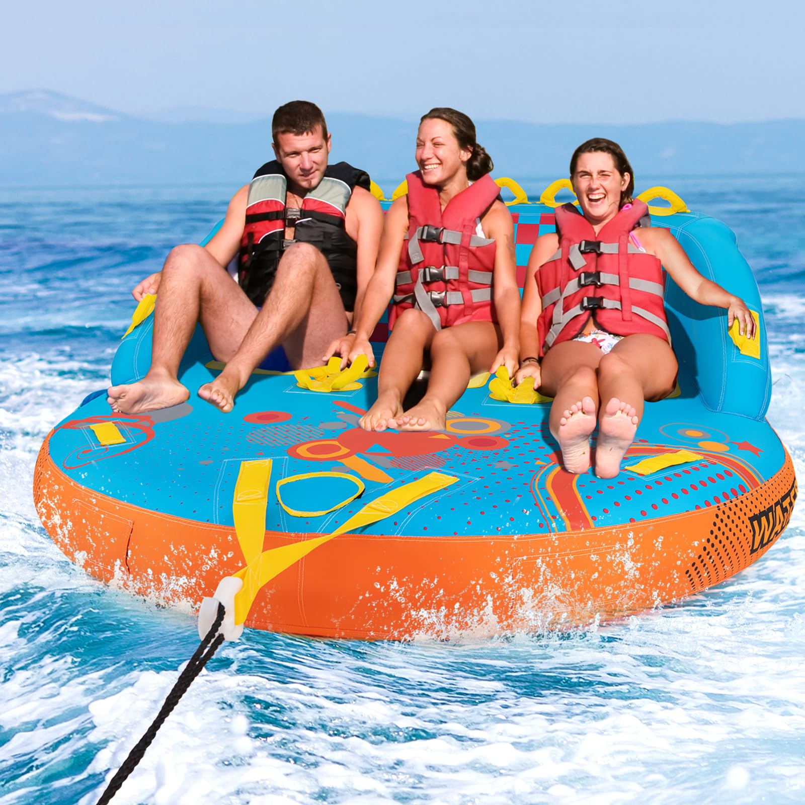 HOMASIS Hinchable remolcable para 3 Personas, Boya Barco con Inflable Cubierta de Nailon Grueso Resistente, Neumáticos remolcables para Deportes acuáticos, Carga 300kg,193x189x82cm, Multicolor