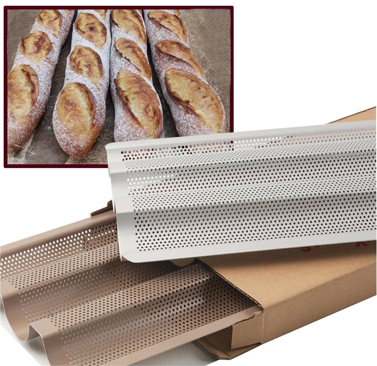 Molde antiadherente for baguette, molde for pan francés, bandeja for hornear, herramienta for repostería, for, ondulado, palo largo(2pcs nonstick 3 loaf)